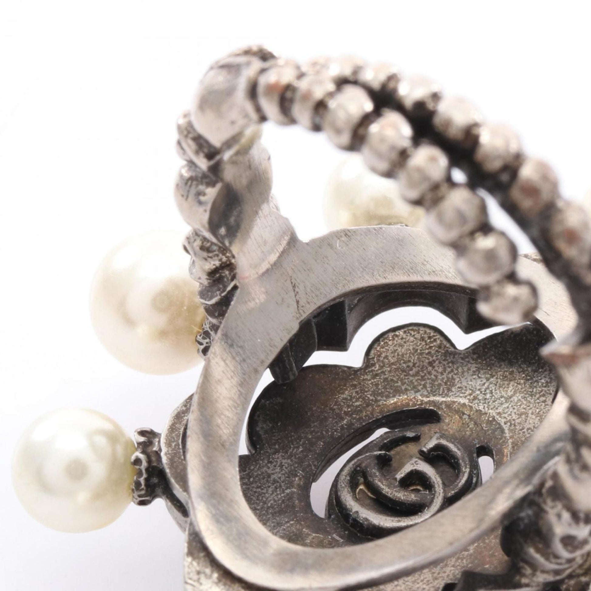 Gucci Silver Pink White Artificial Pearl Rhinestone Stainless Steel Band Ring