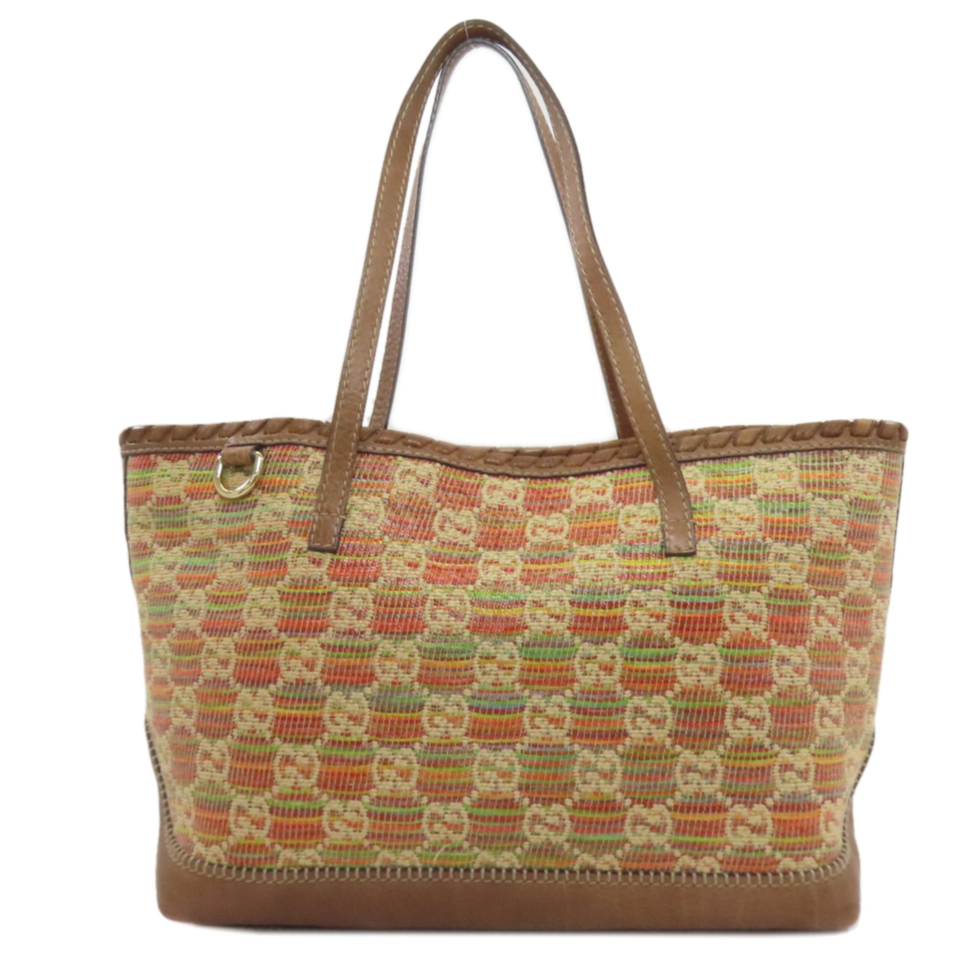 Gucci Blue Brown Orange Leather Straw Tote Bag