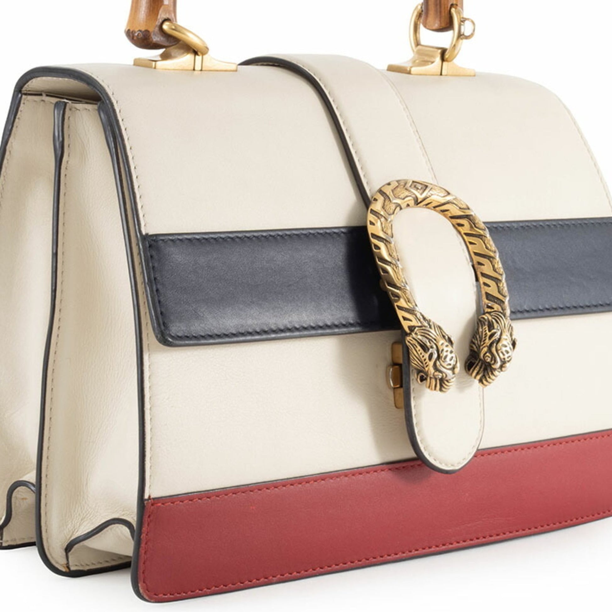 Gucci Ivory Navy Red Color Bamboo Leather Shoulder Bag