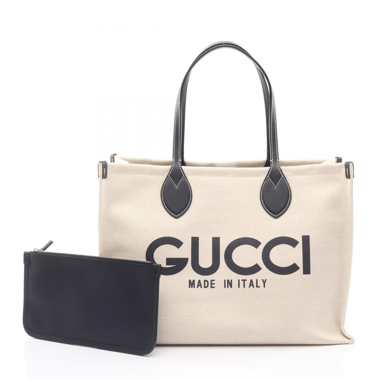 Gucci Ivory Navy Canvas Leather Tote Bag