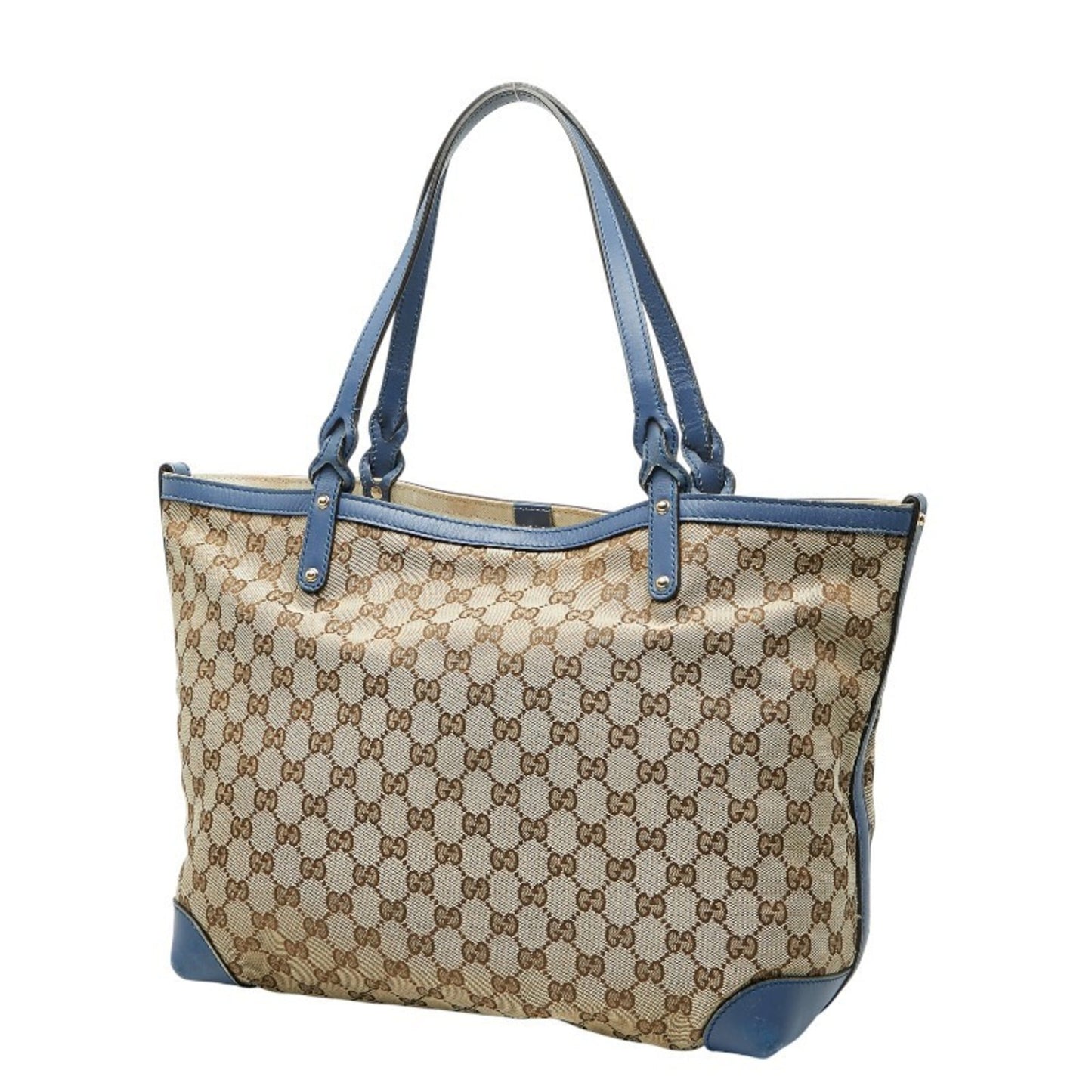 Gucci Beige Blue Canvas Leather Tote Bag