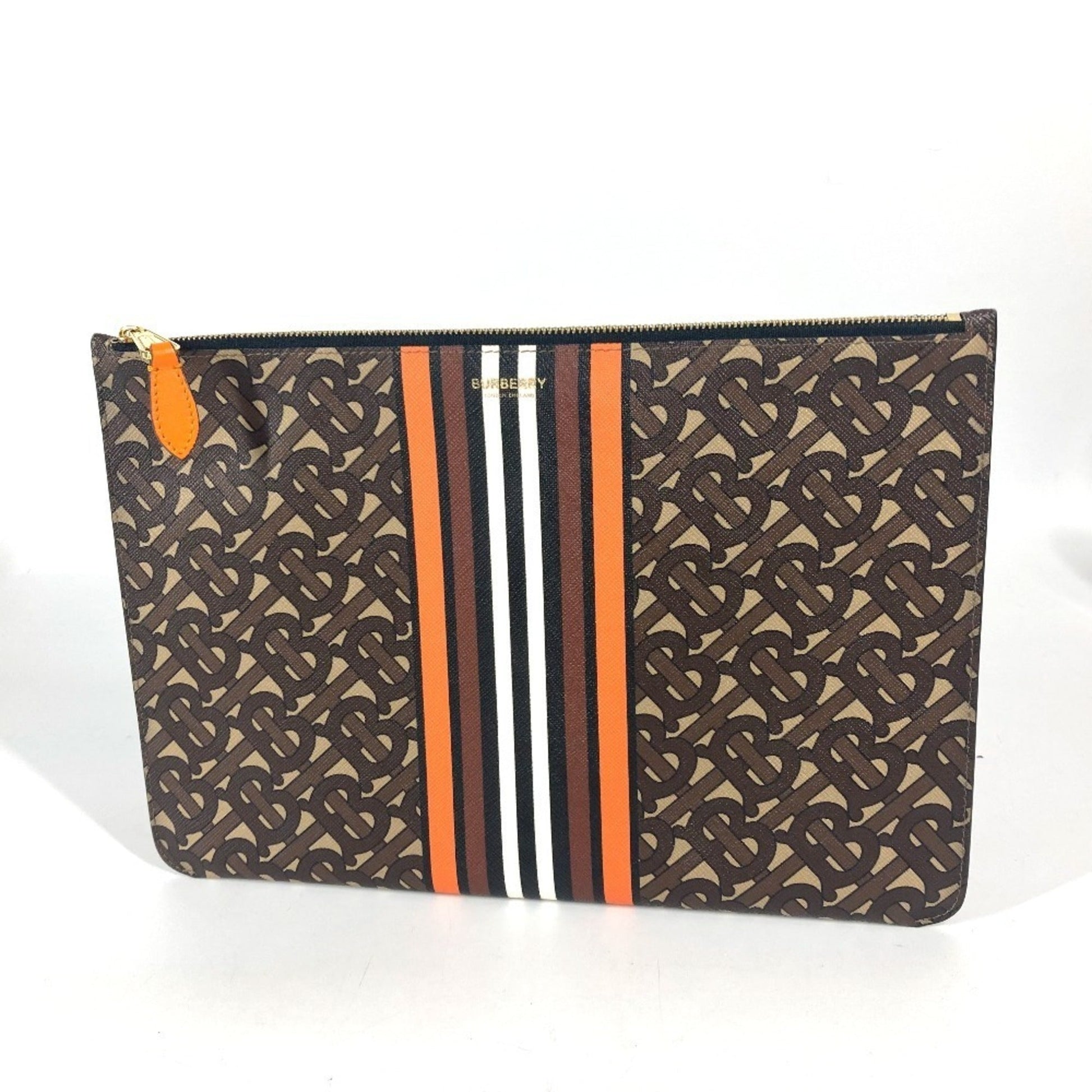 Burberry Clutch Bag Pouch Leather Brown Orange
