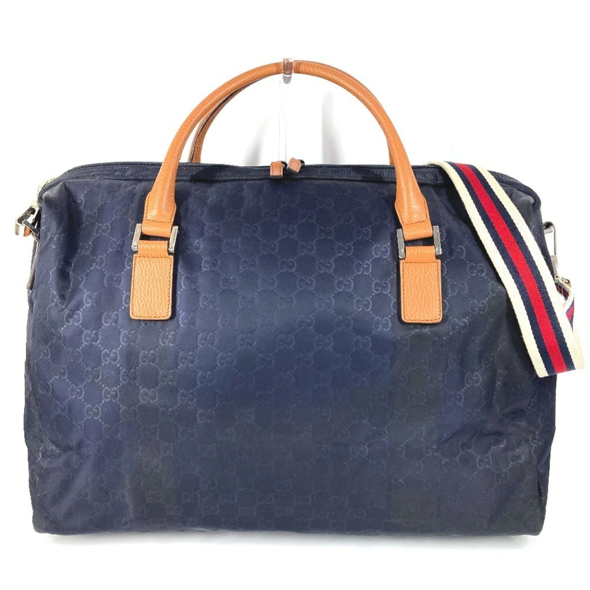 Gucci Brown Navy Nylon Leather Boston Bag