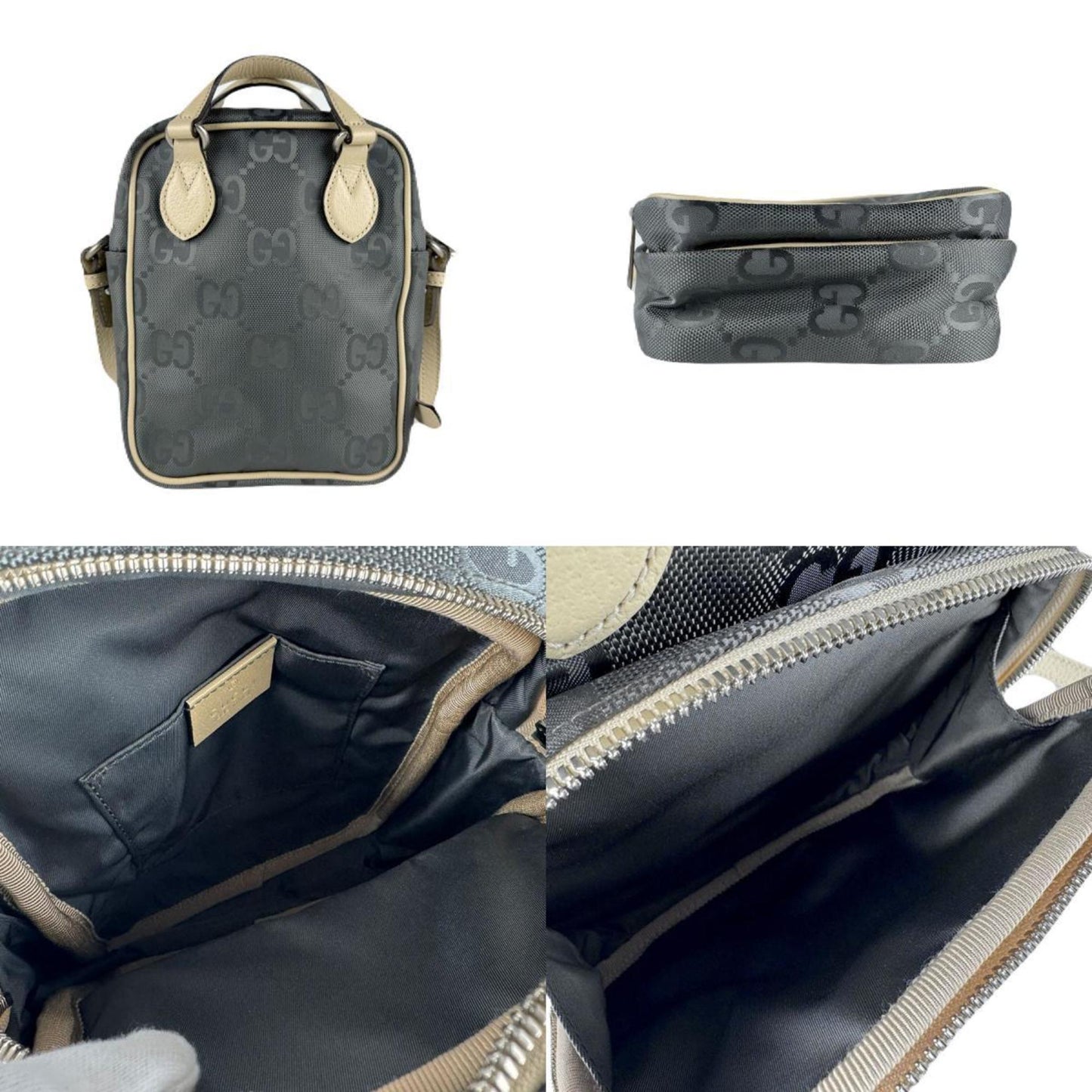 Gucci Beige Gray Nylon Leather Handbag Shoulder Bag