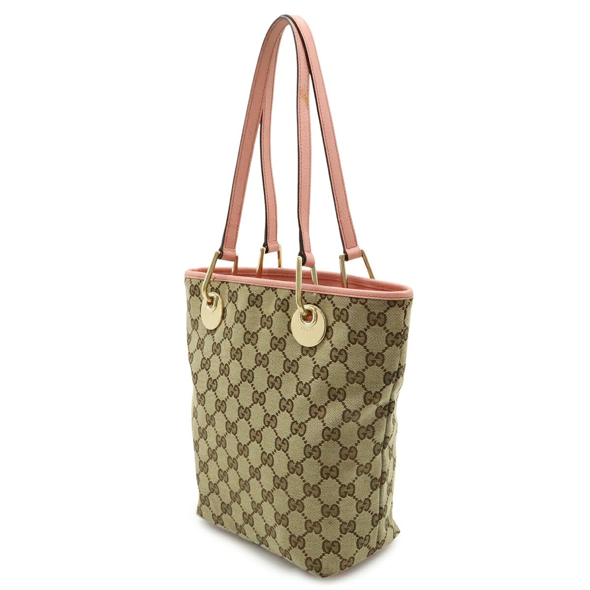 Gucci Beige Khaki Pink Canvas Leather Shoulder Bag Tote Bag