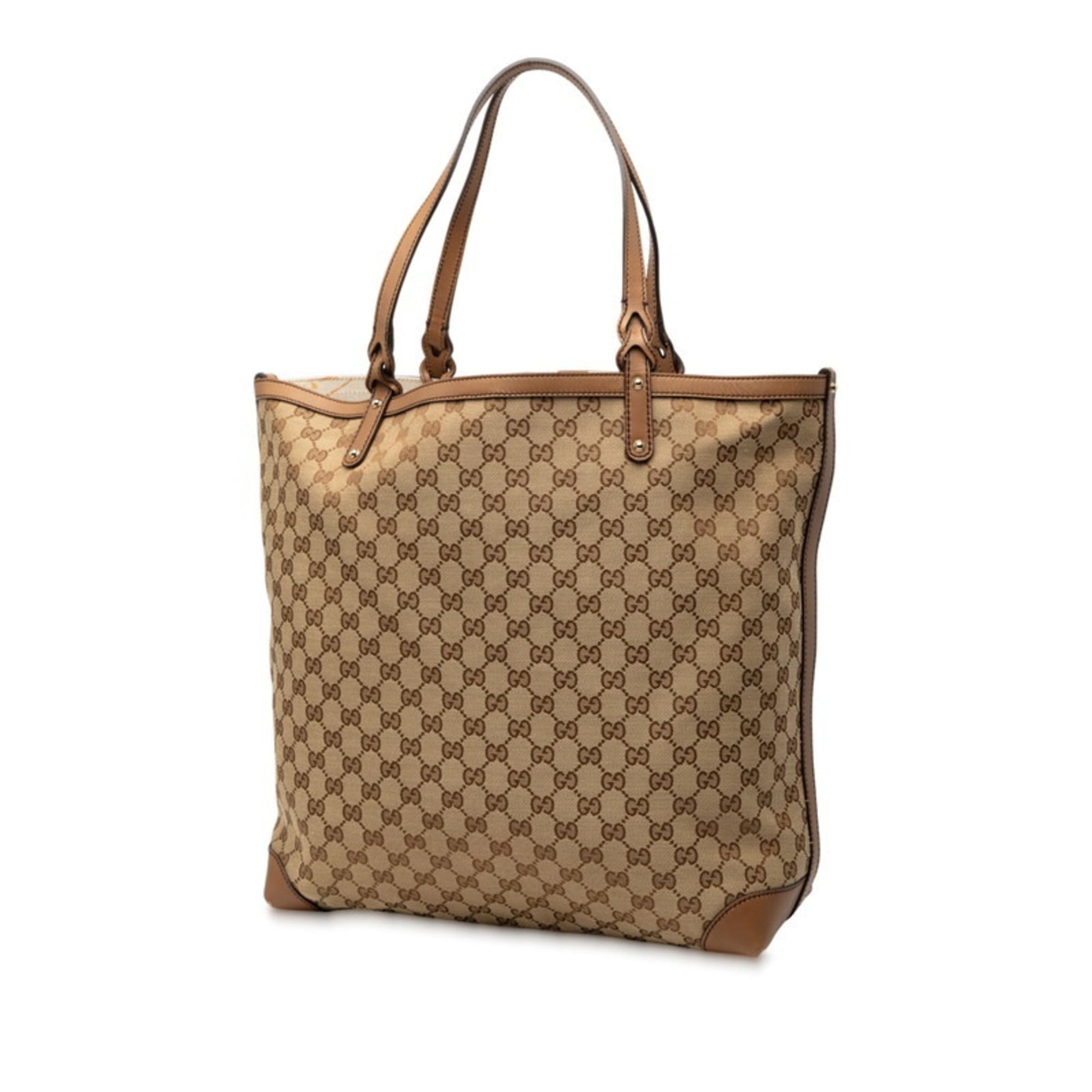 Gucci Gg Canvas Beige Brown Gg Canvas Leather Tote Bag