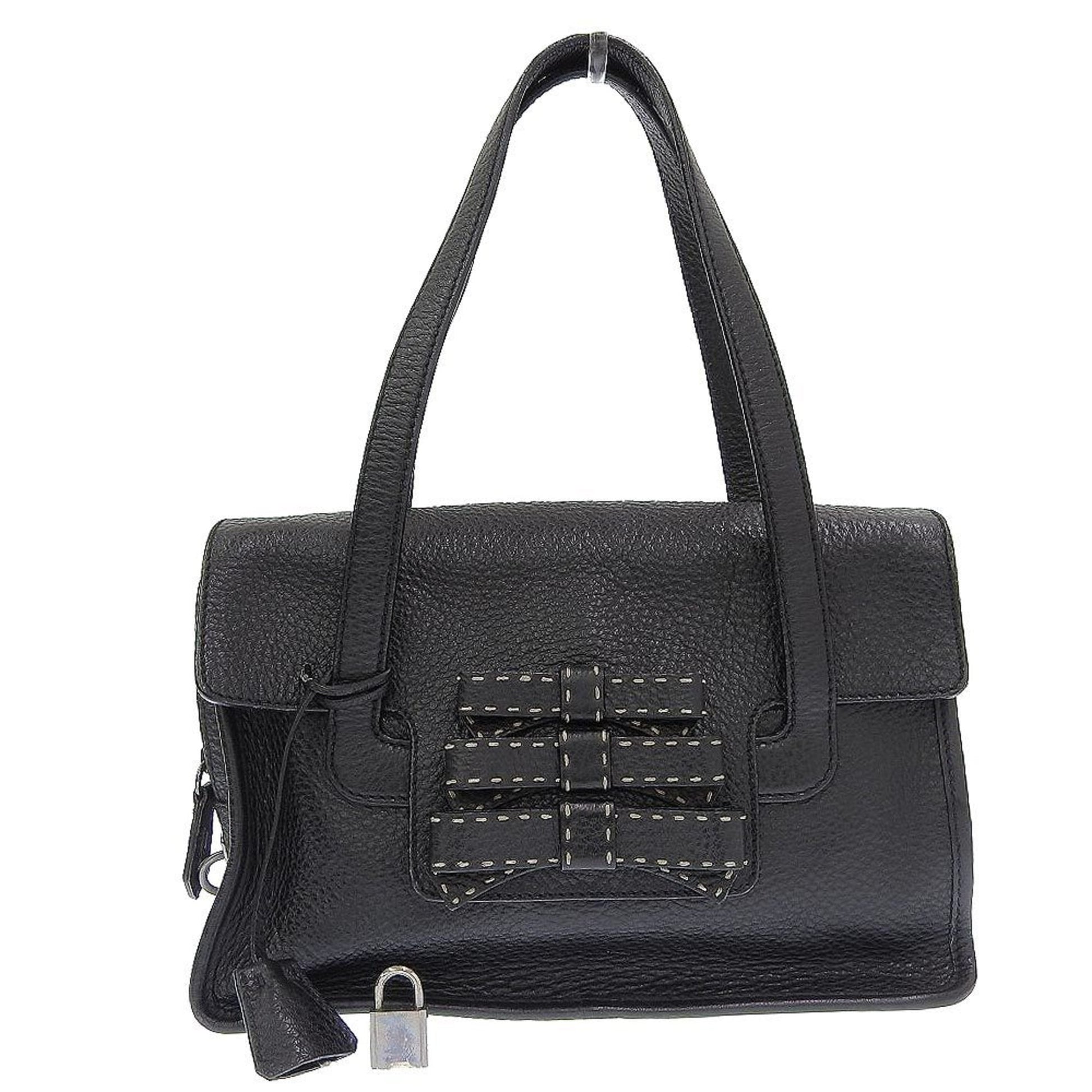 Prada Stitch Ribbon Shoulder Bag Leather Black