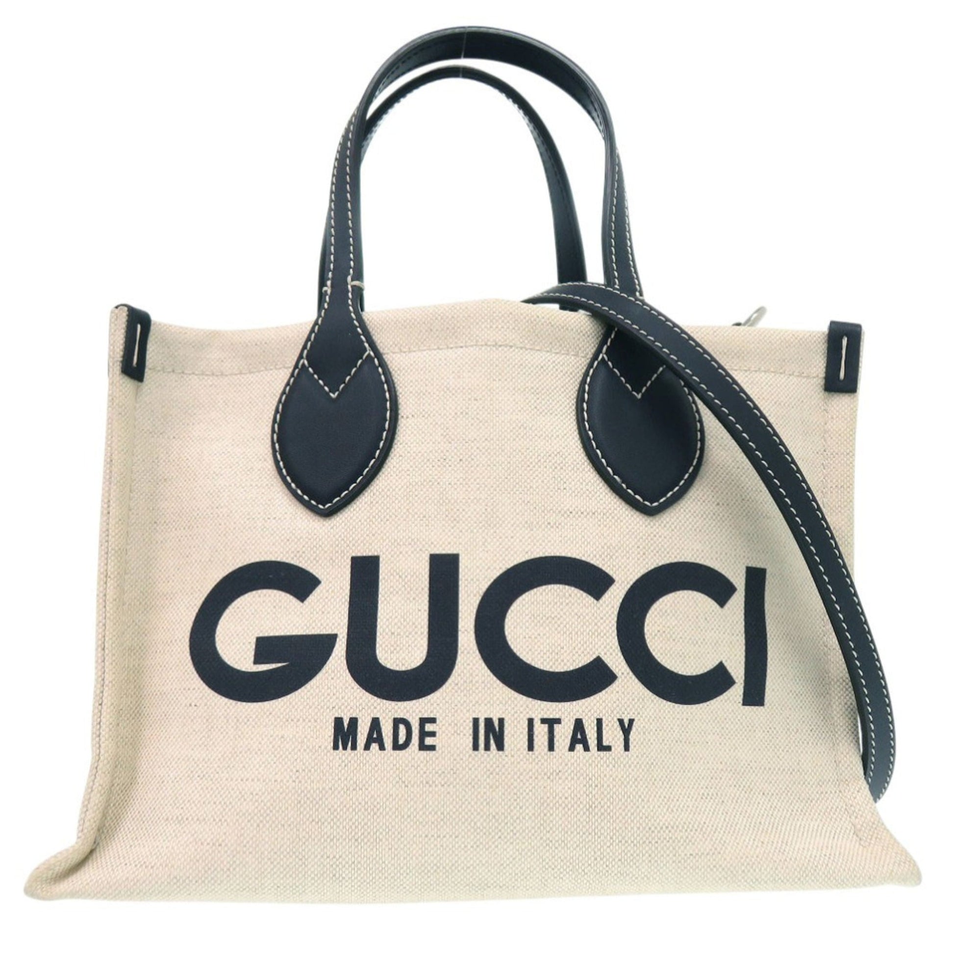 Gucci Navy Canvas Leather Tote Bag