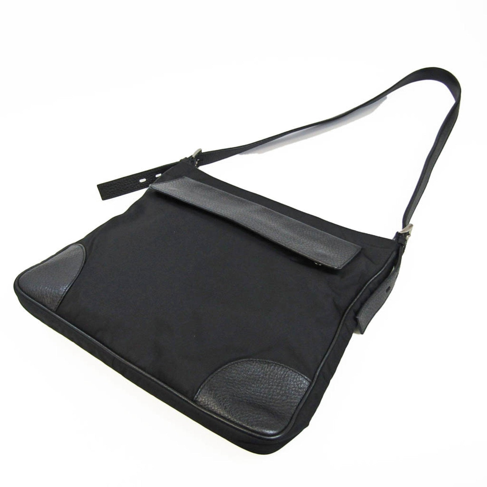 Prada Tessuto Women Men Shoulder Bag Nero Leather Canvas Nylon