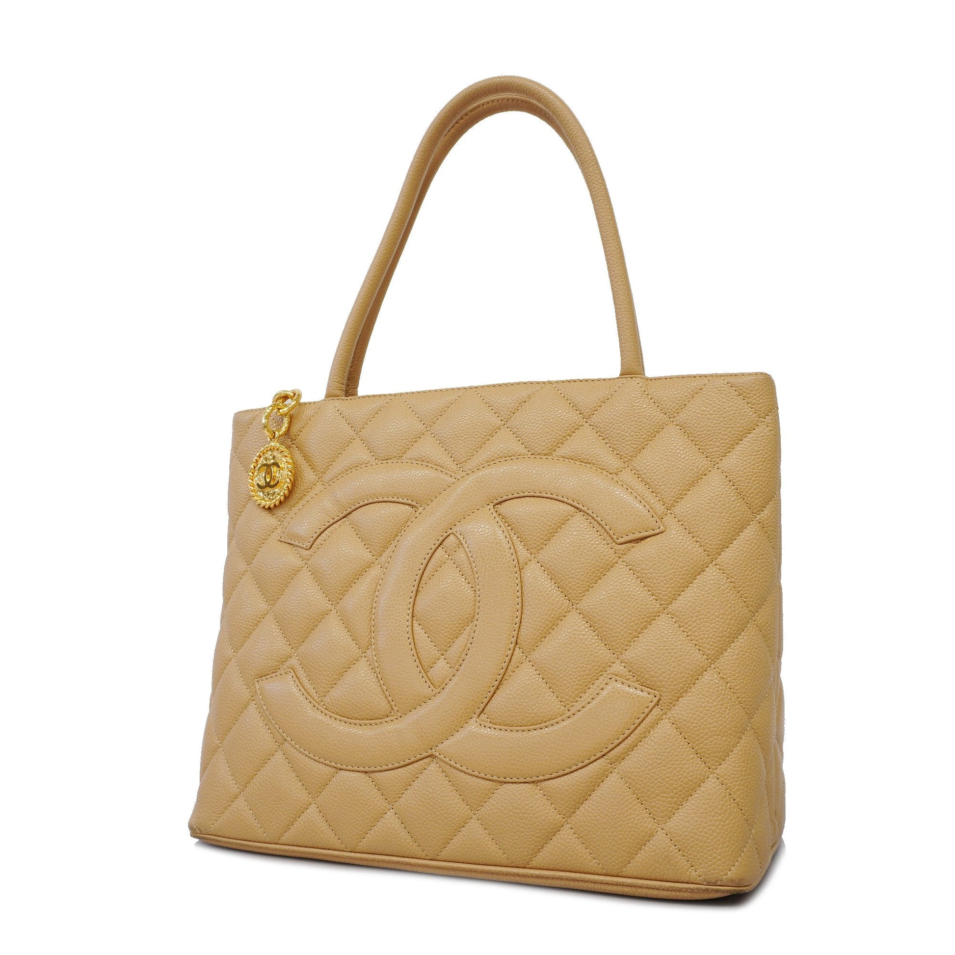 Chanel tote bag reissue tote caviar skin beige gold metal