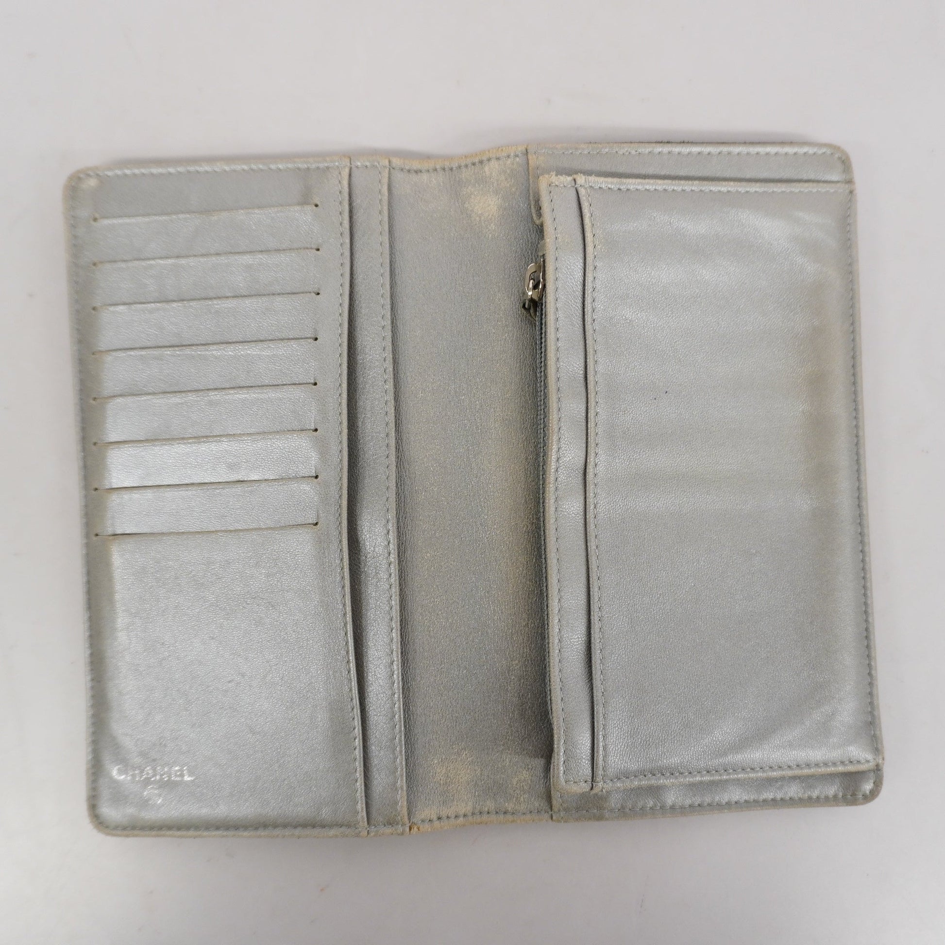 ChanelAuth  Camellia Bi-fold Long Wallet With Silver Metal Women's Lambskin