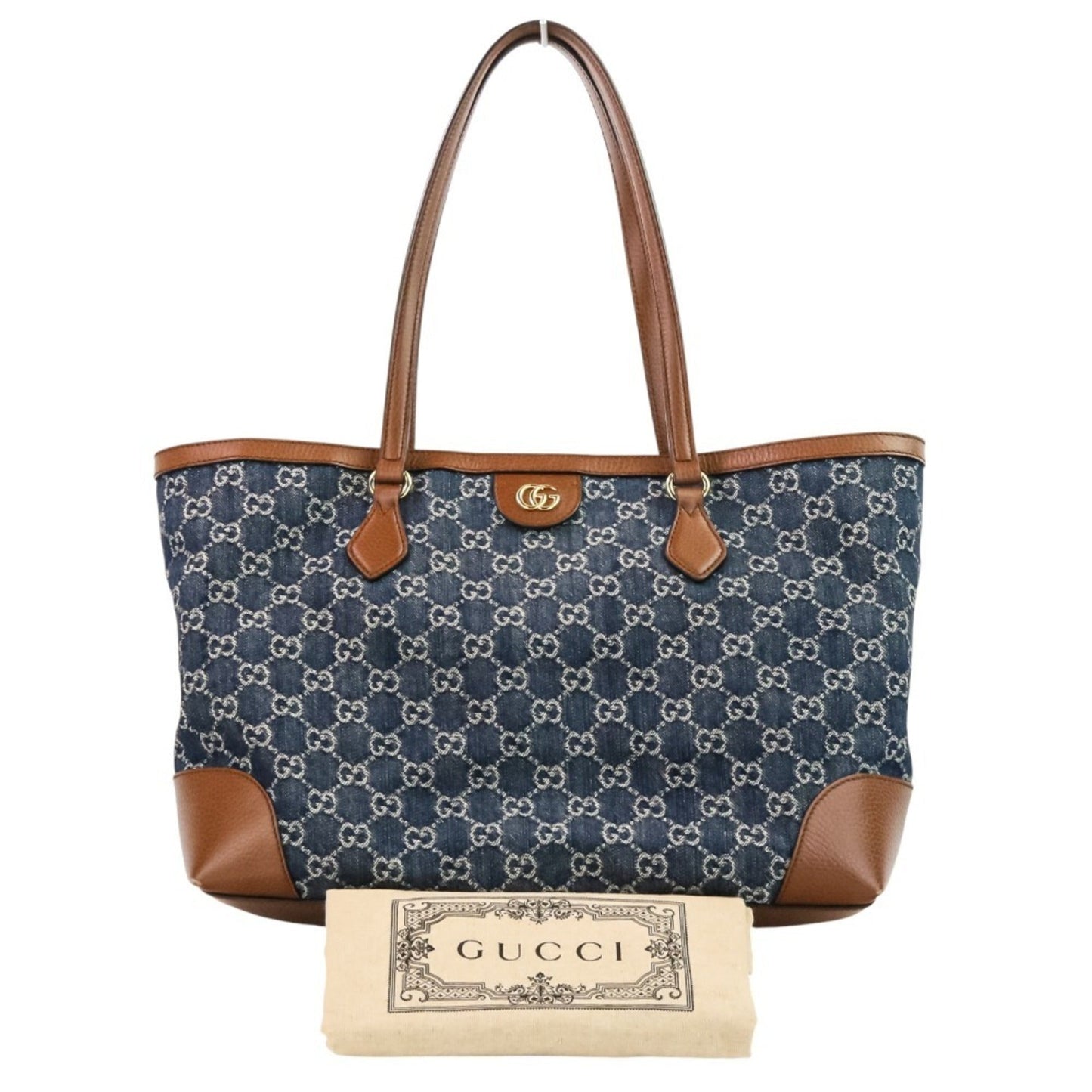 Gucci Brown Dark Blue Denim Leather Tote Bag