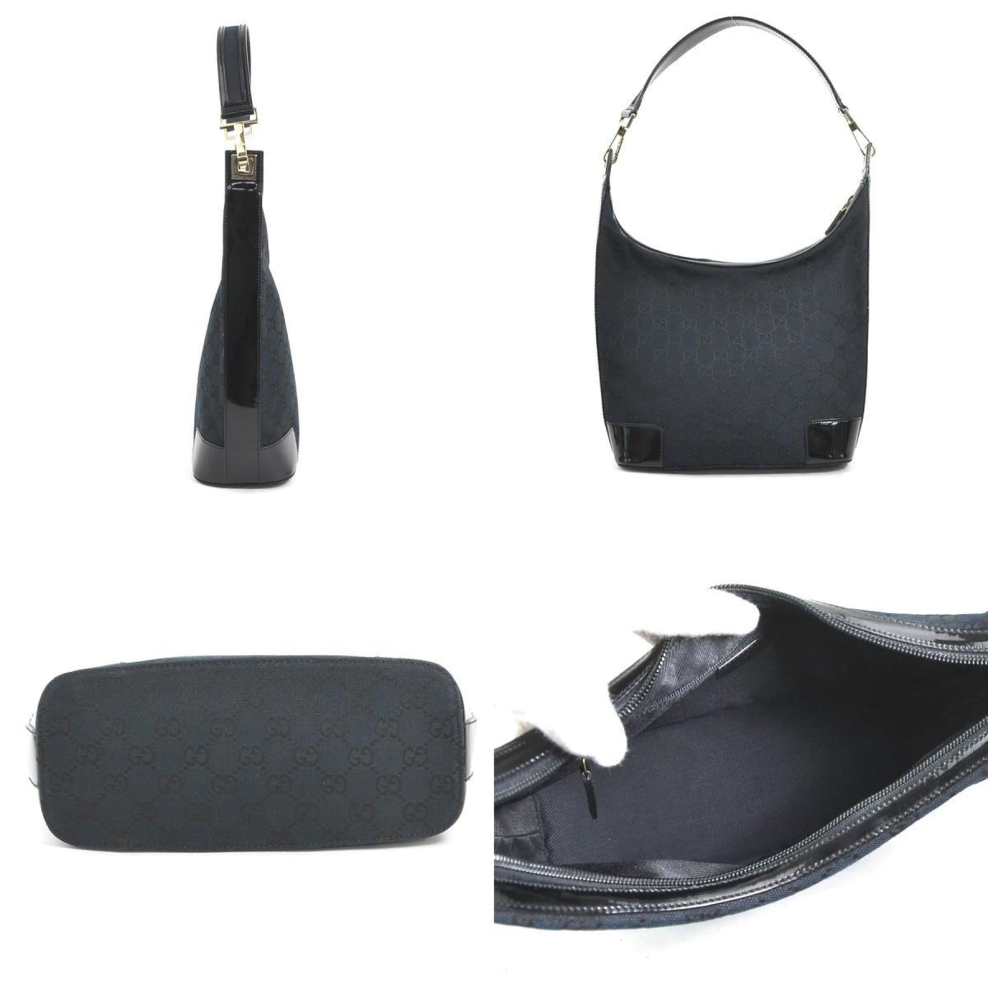 Gucci Black Gg Canvas Patent Leather Shoulder Bag