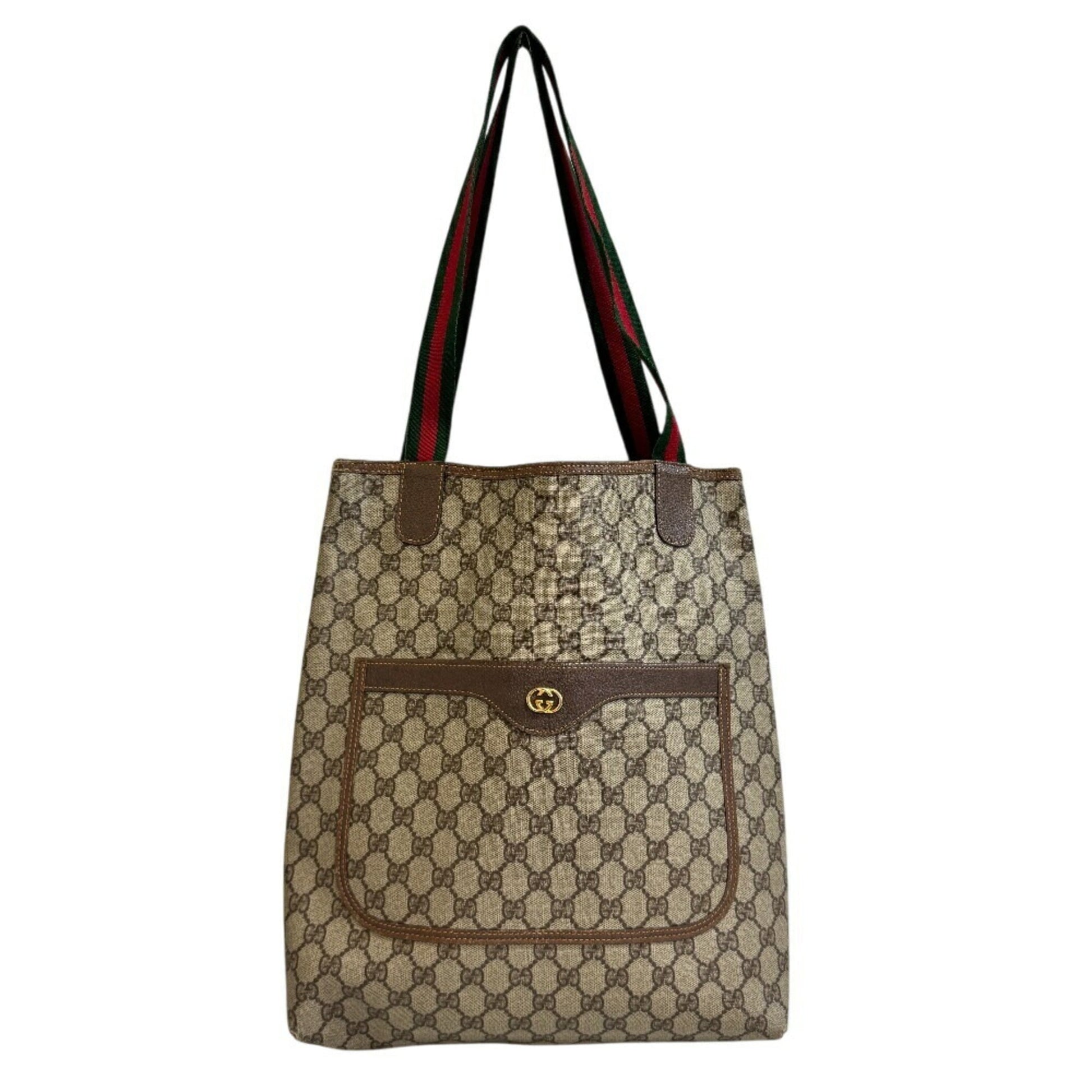Gucci Sherry Line Beige Brown Green Red Color Pvc Canvas Tote Bag
