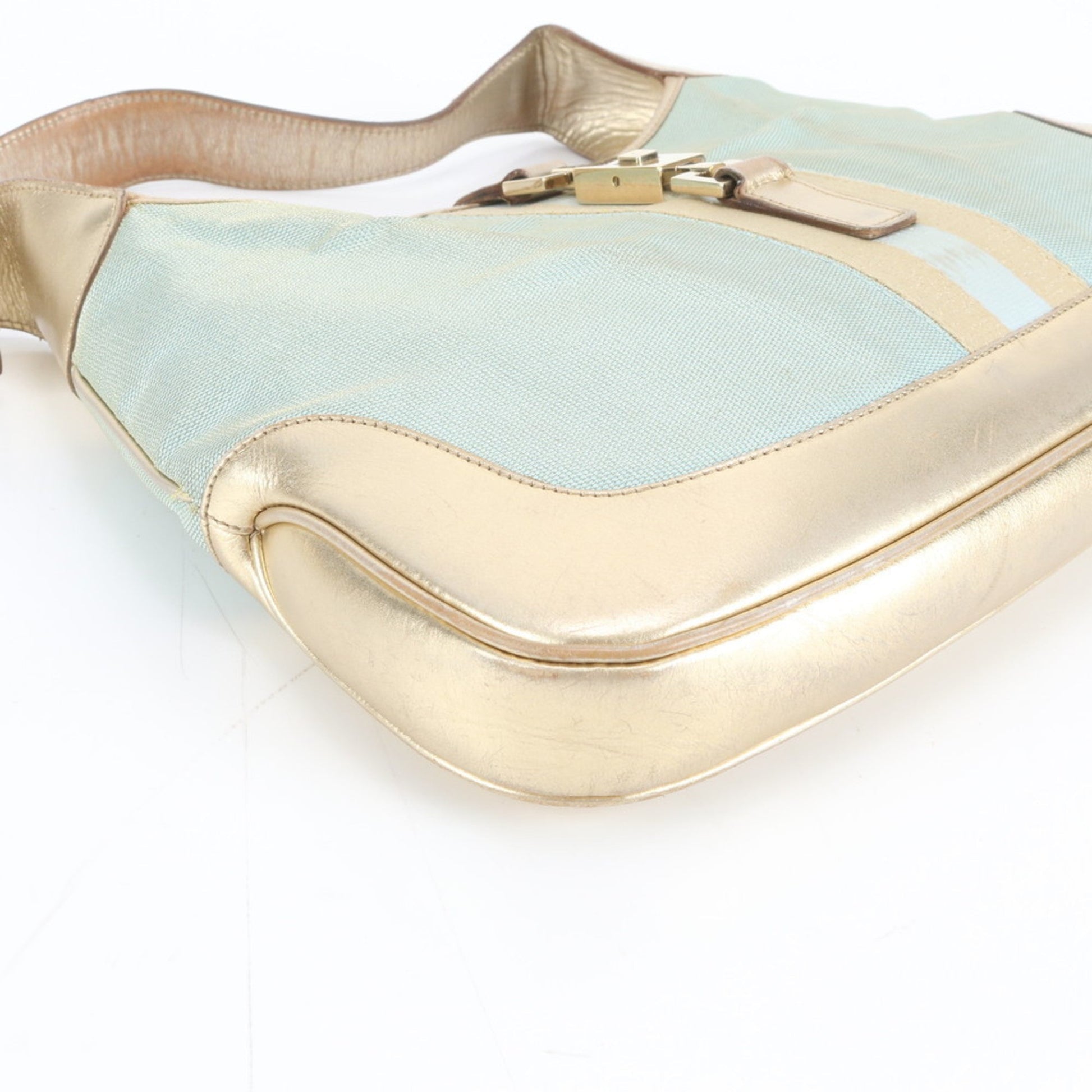 Gucci Blue Gold Leather Canvas Shoulder Bag