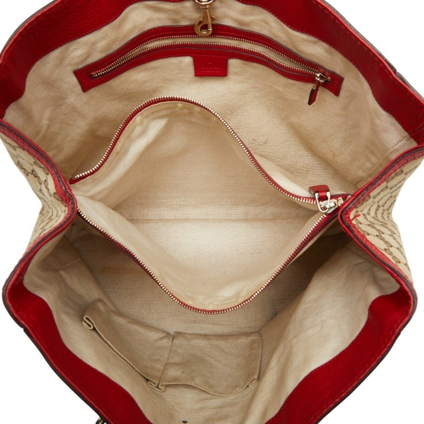 Gucci Beige Red Color Canvas Leather Tote Bag