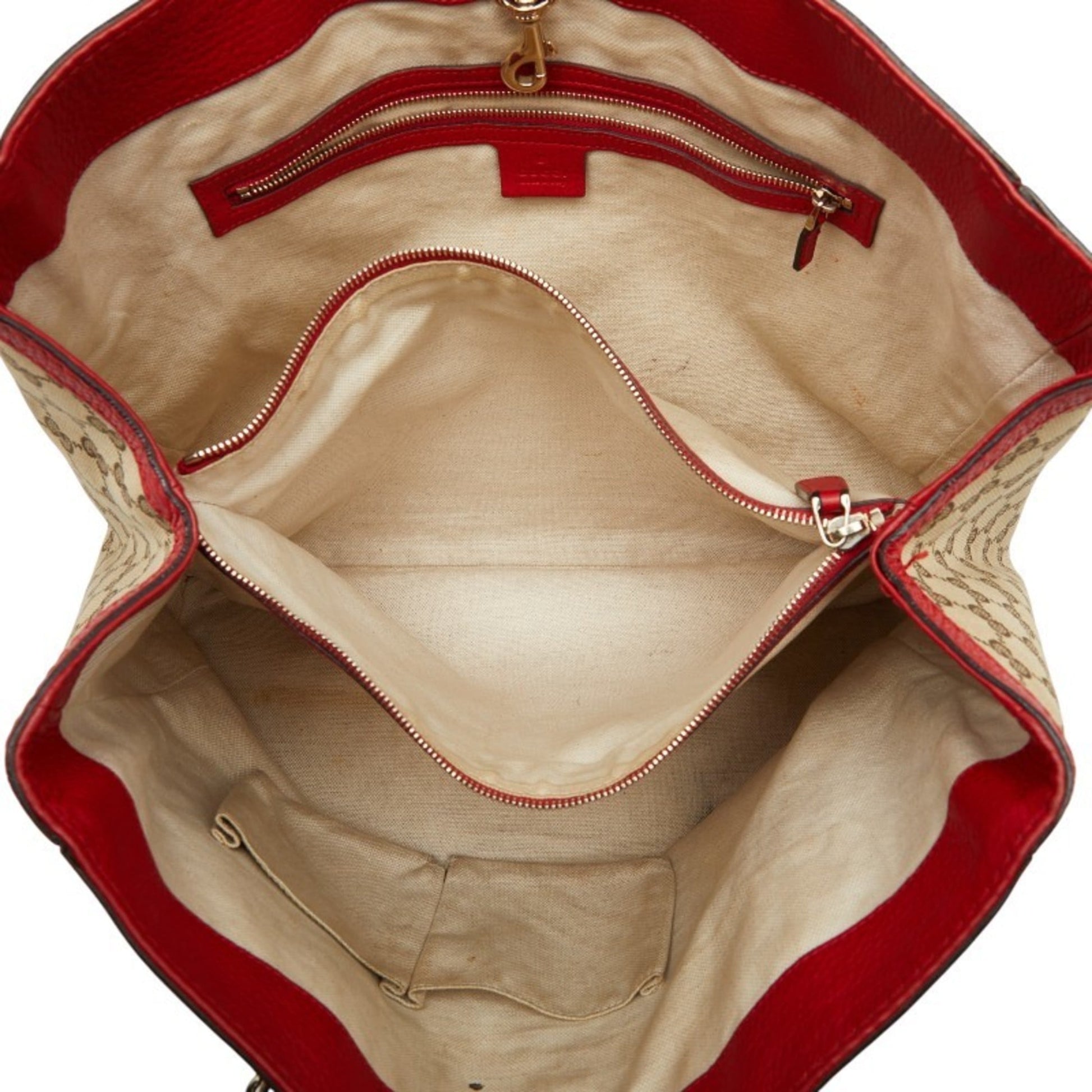 Gucci Beige Red Color Canvas Leather Tote Bag