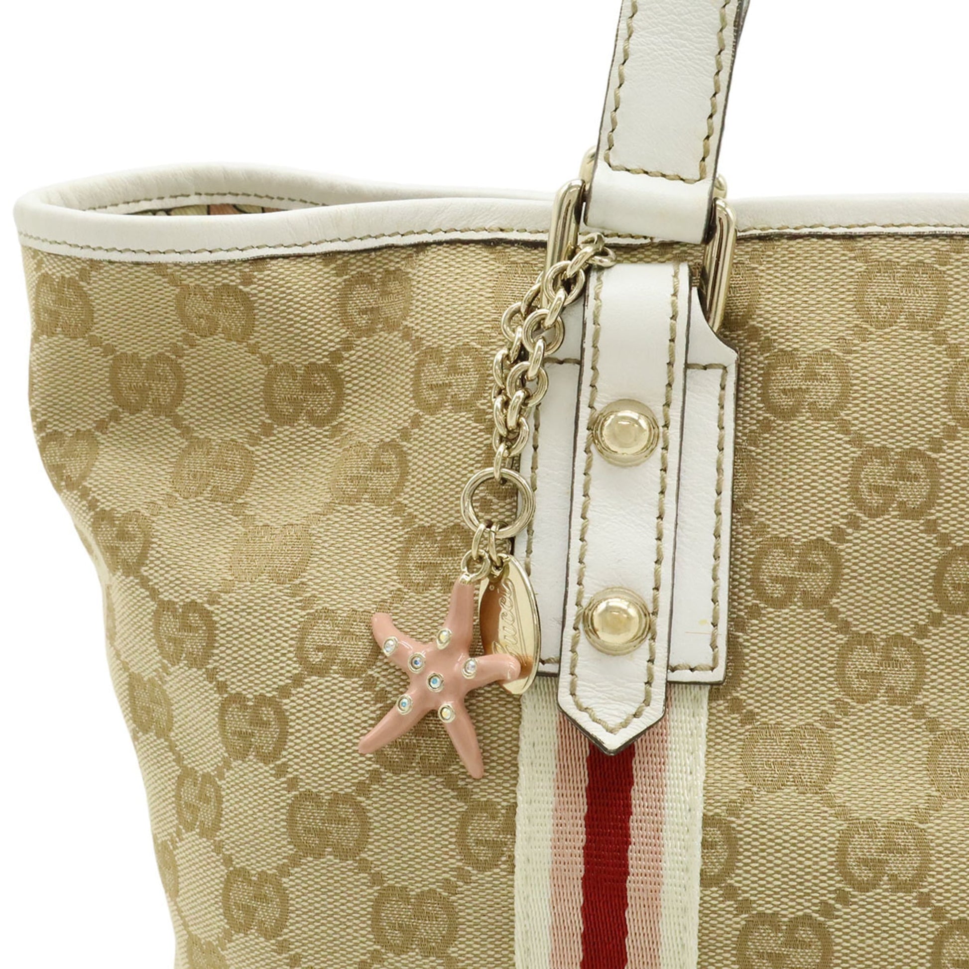 Gucci Beige Khaki White Canvas Leather Shoulder Bag Tote Bag