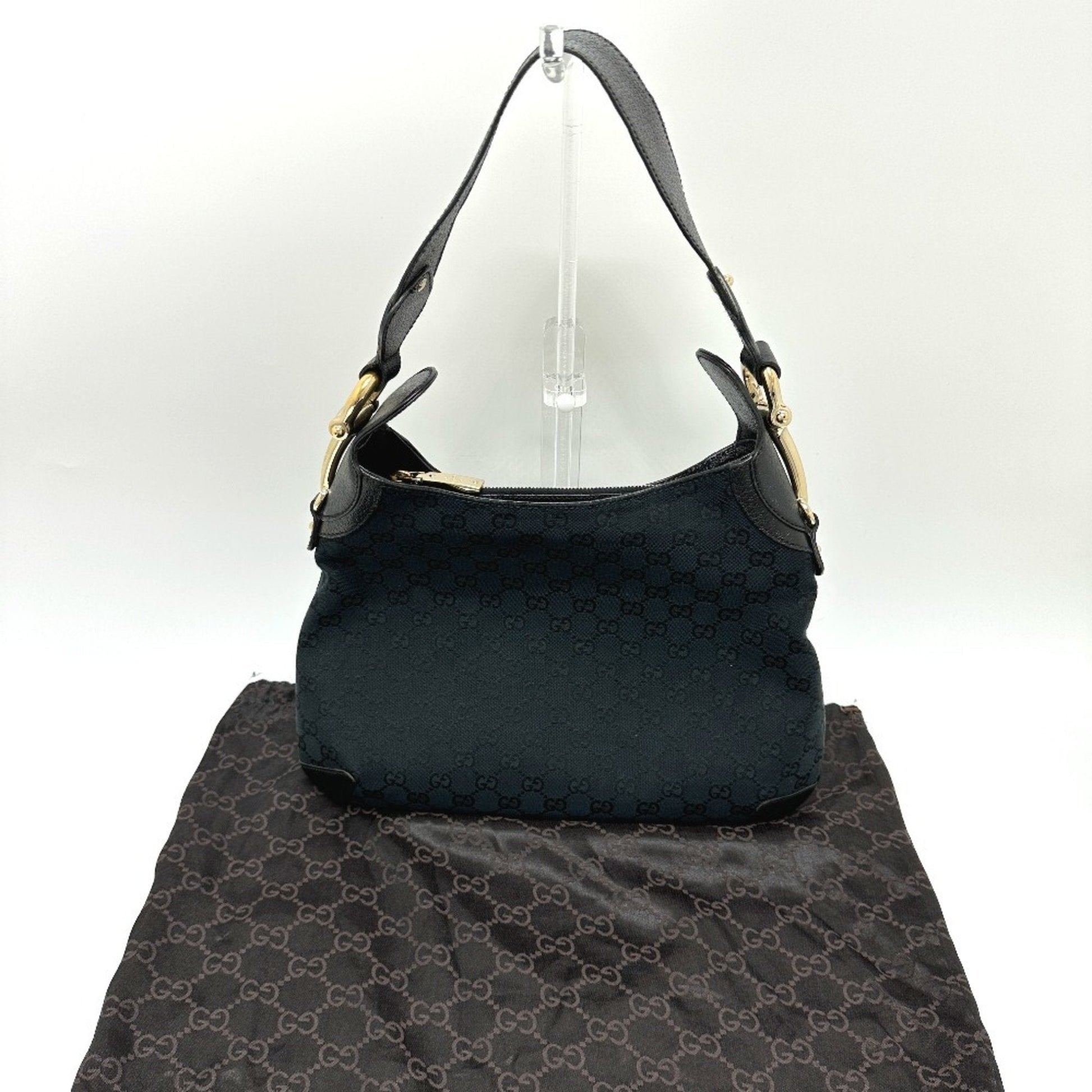 Gucci Horsebit Black Gg Canvas Leather Handbag Shoulder Bag
