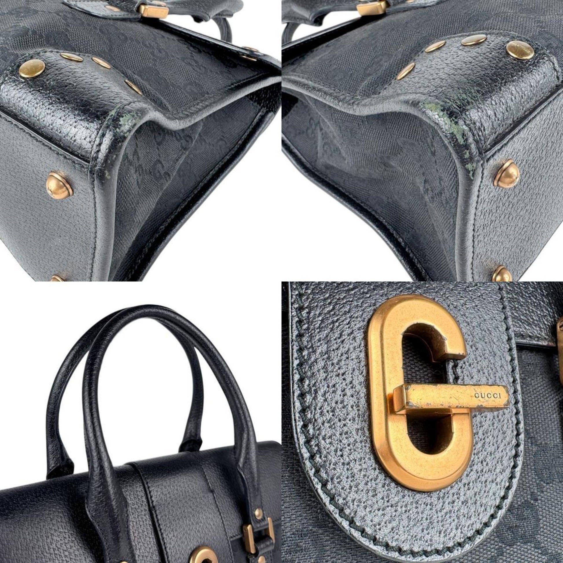 Gucci Black Gg Canvas Leather Handbag
