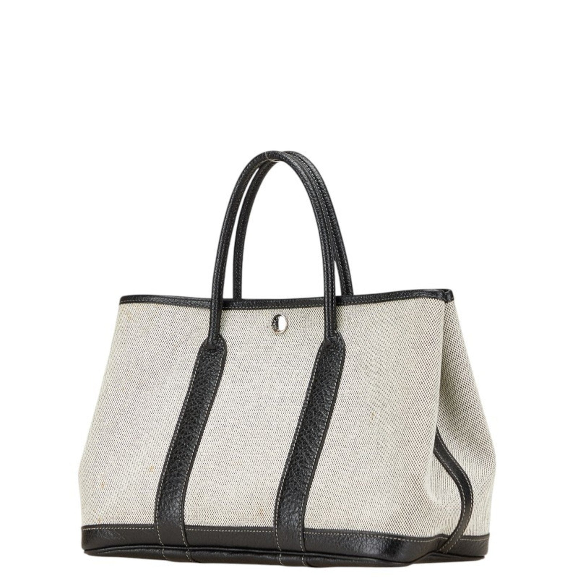 Hermes Garden Toile Handbag Tote Bag Leather Black Gray