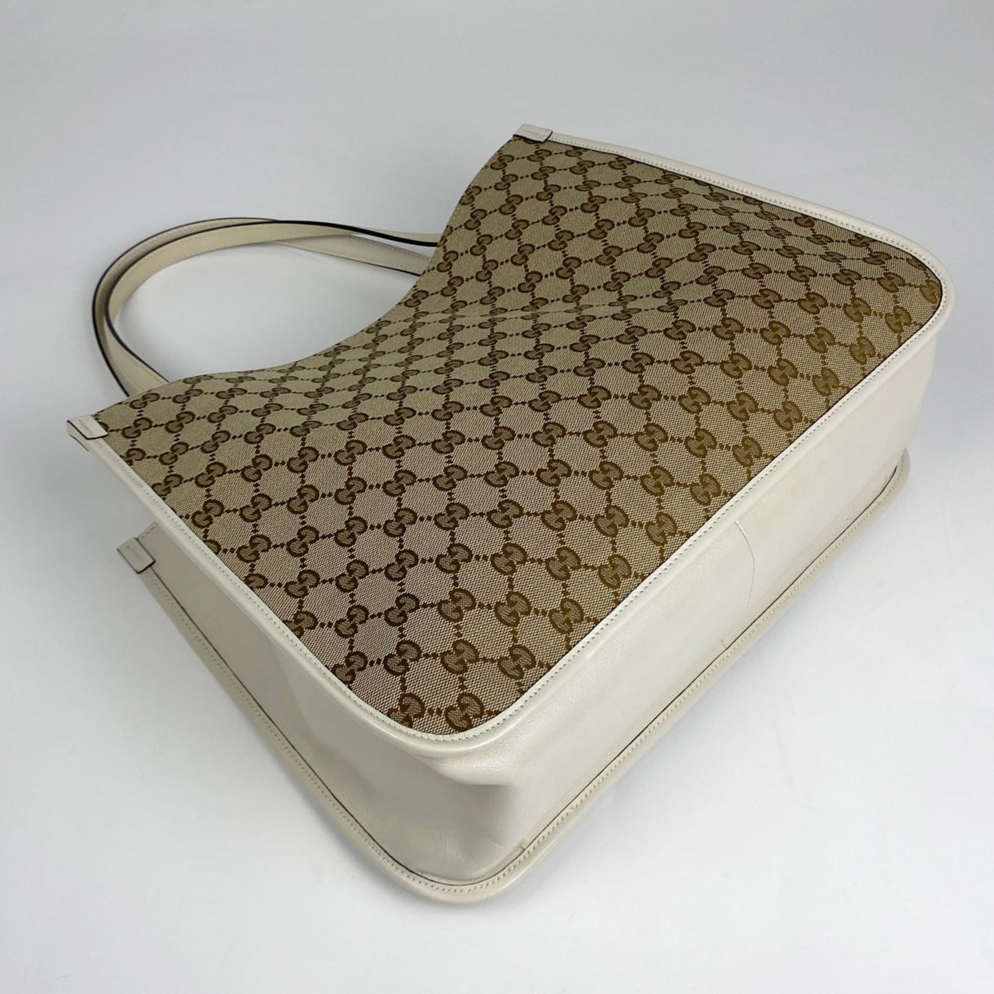 Gucci Beige White Gg Canvas Leather Shoulder Bag Tote Bag