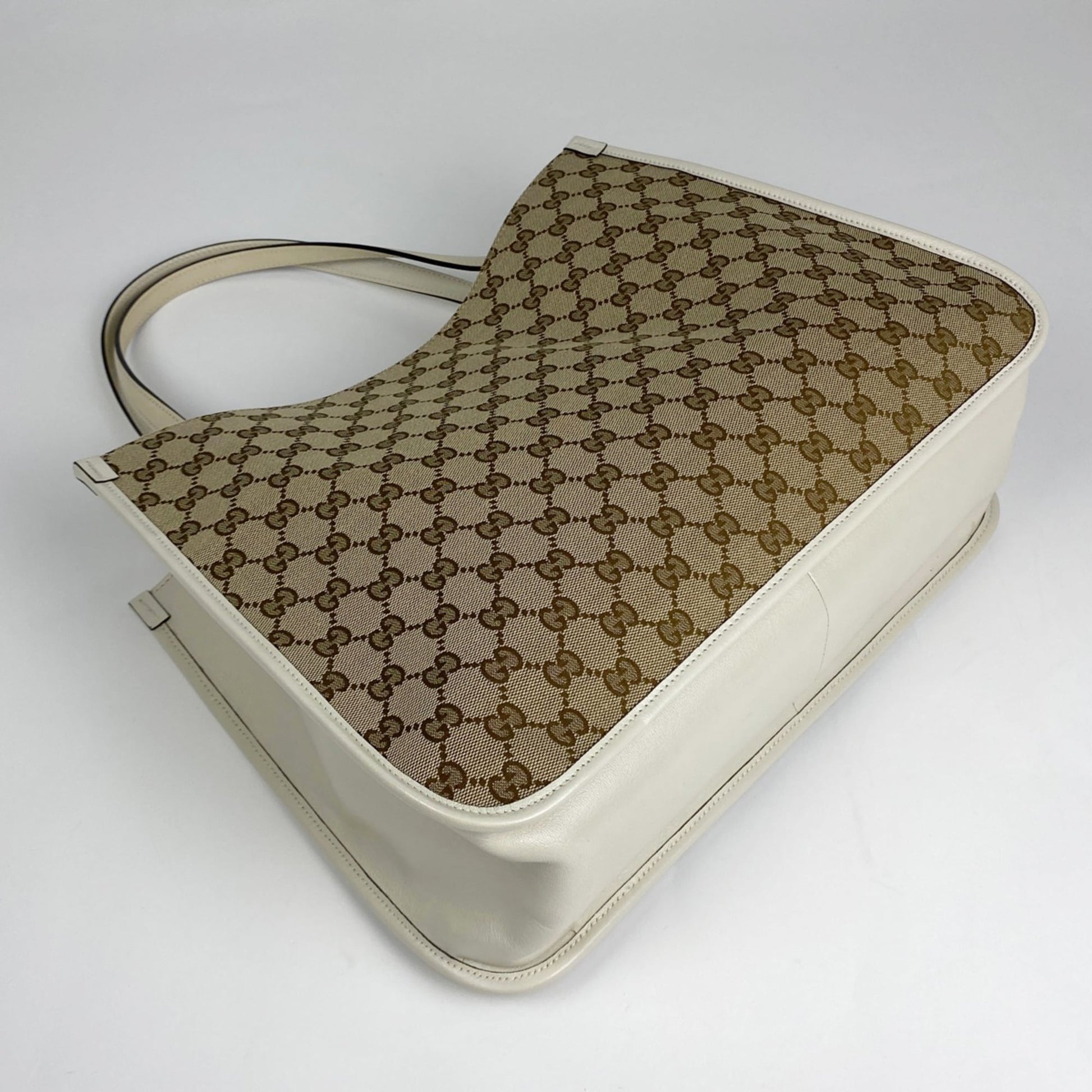 Gucci Beige White Gg Canvas Leather Shoulder Bag Tote Bag