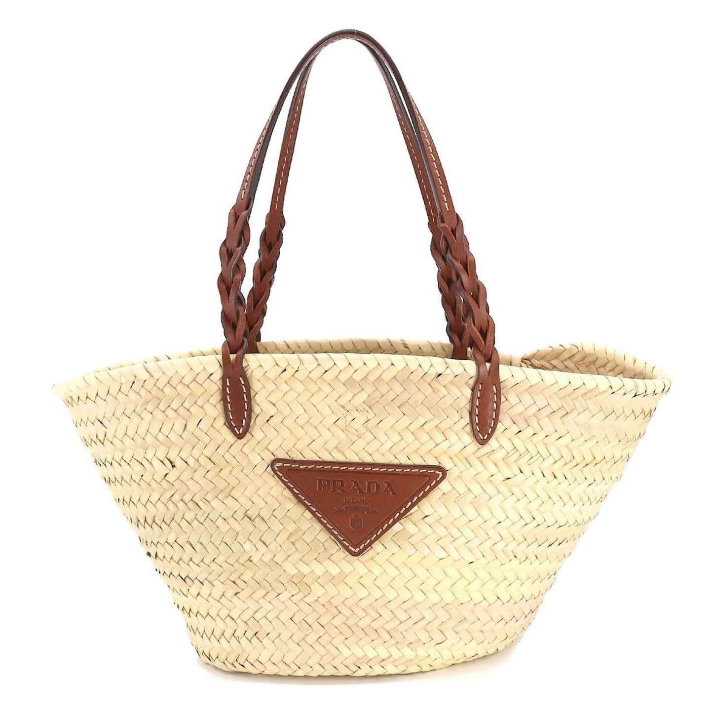 Prada Tote Bag Natural Cognac Fittings Palm Tote Bag Leather Metal Wicker