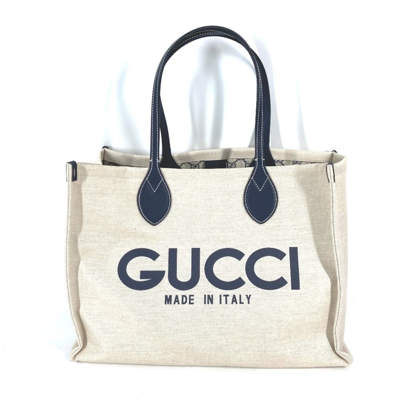 Gucci Beige Black Dark Navy Canvas Leather Shoulder Bag Tote Bag