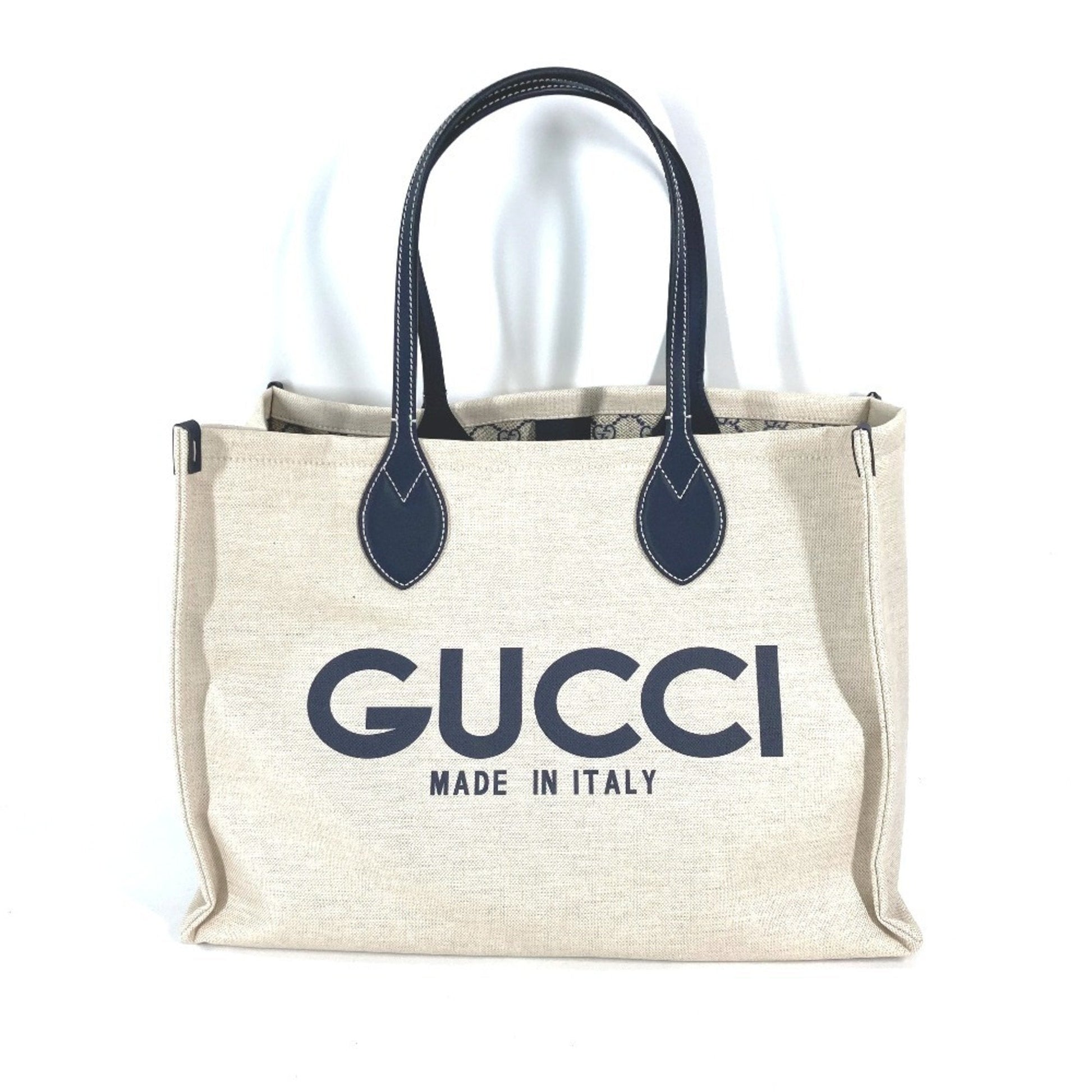 Gucci Beige Black Dark Navy Canvas Leather Shoulder Bag Tote Bag