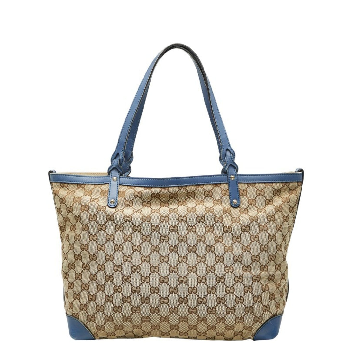 Gucci Beige Blue Canvas Leather Tote Bag