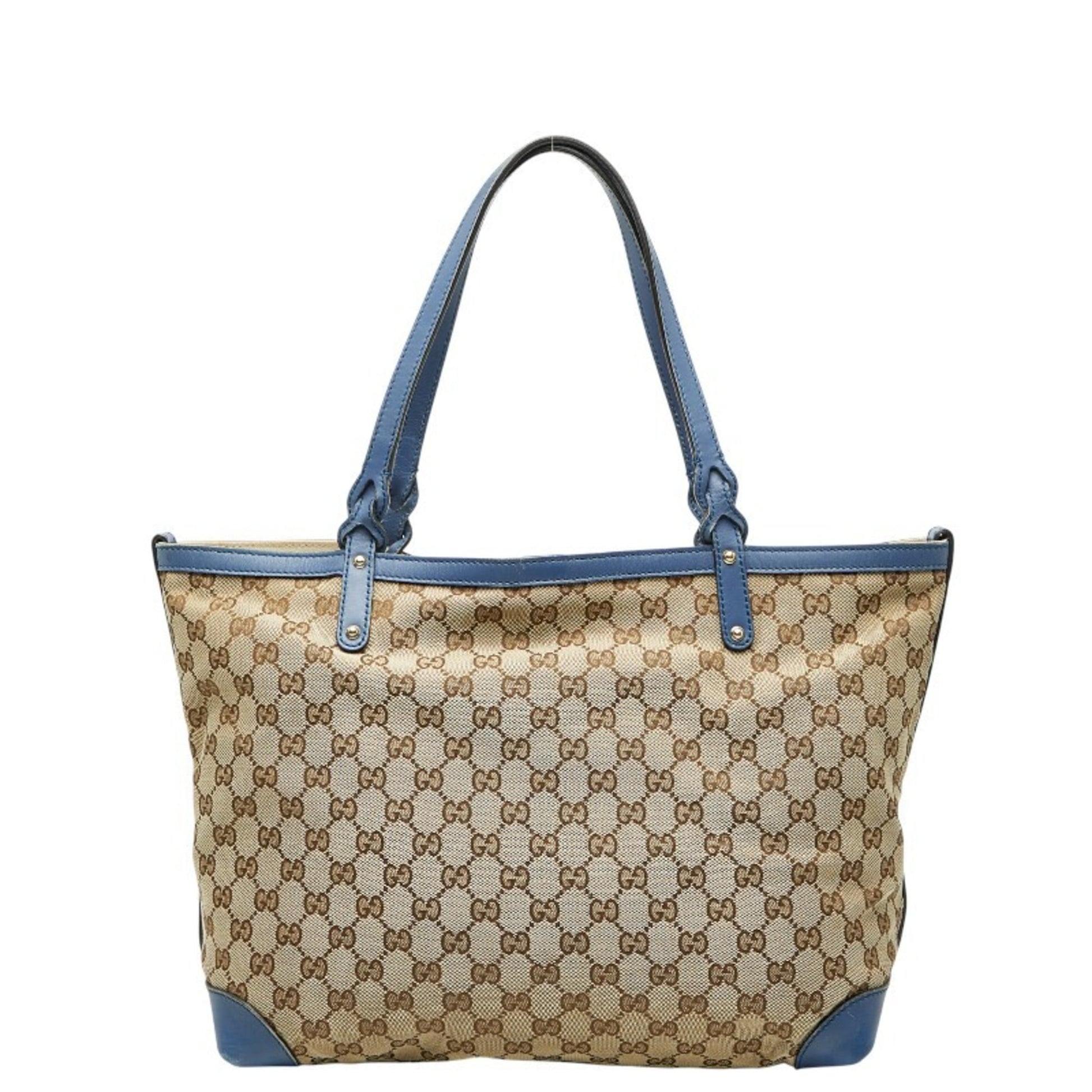 Gucci Beige Blue Canvas Leather Tote Bag
