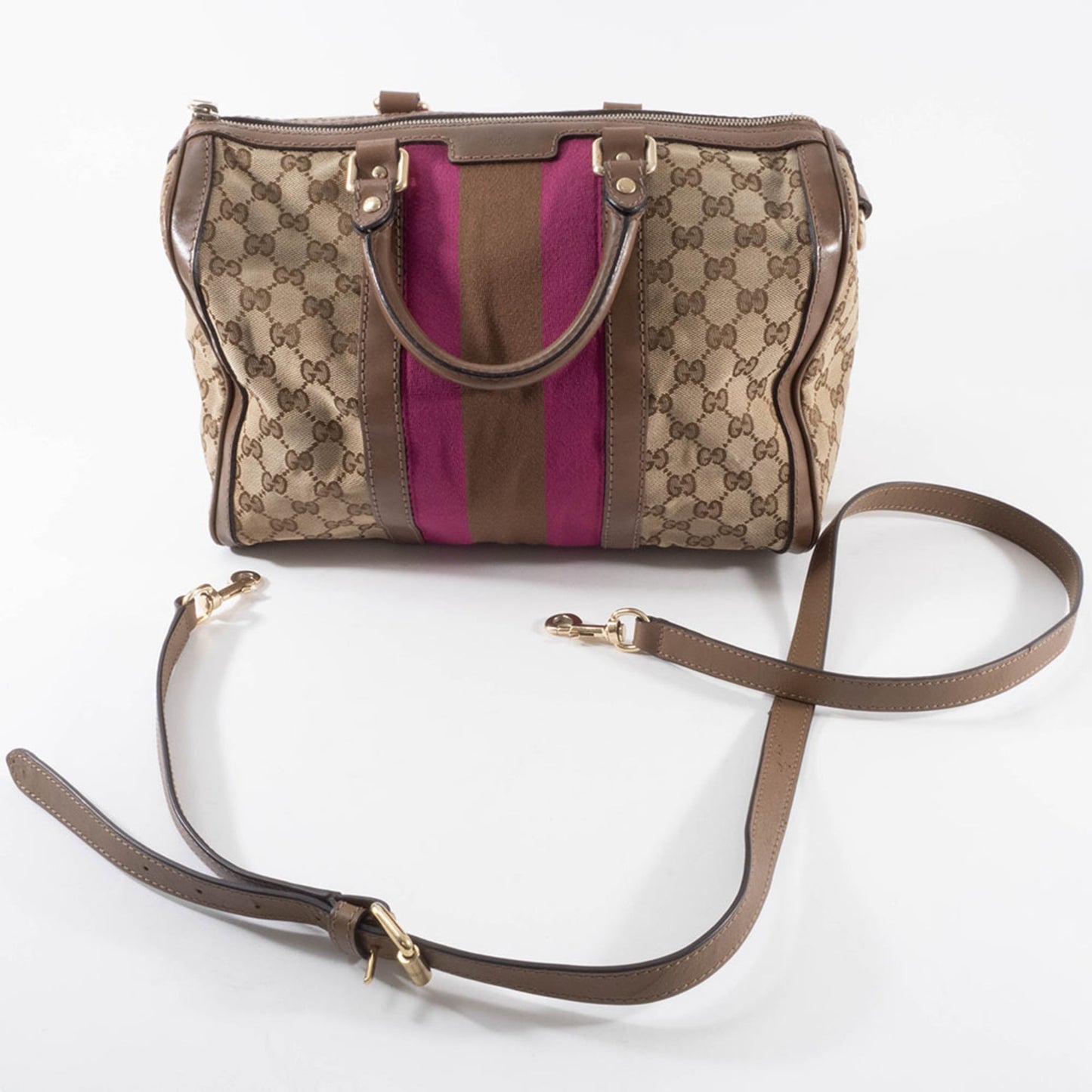 Gucci Brown Pink Gg Canvas Leather Boston Bag Shoulder Bag