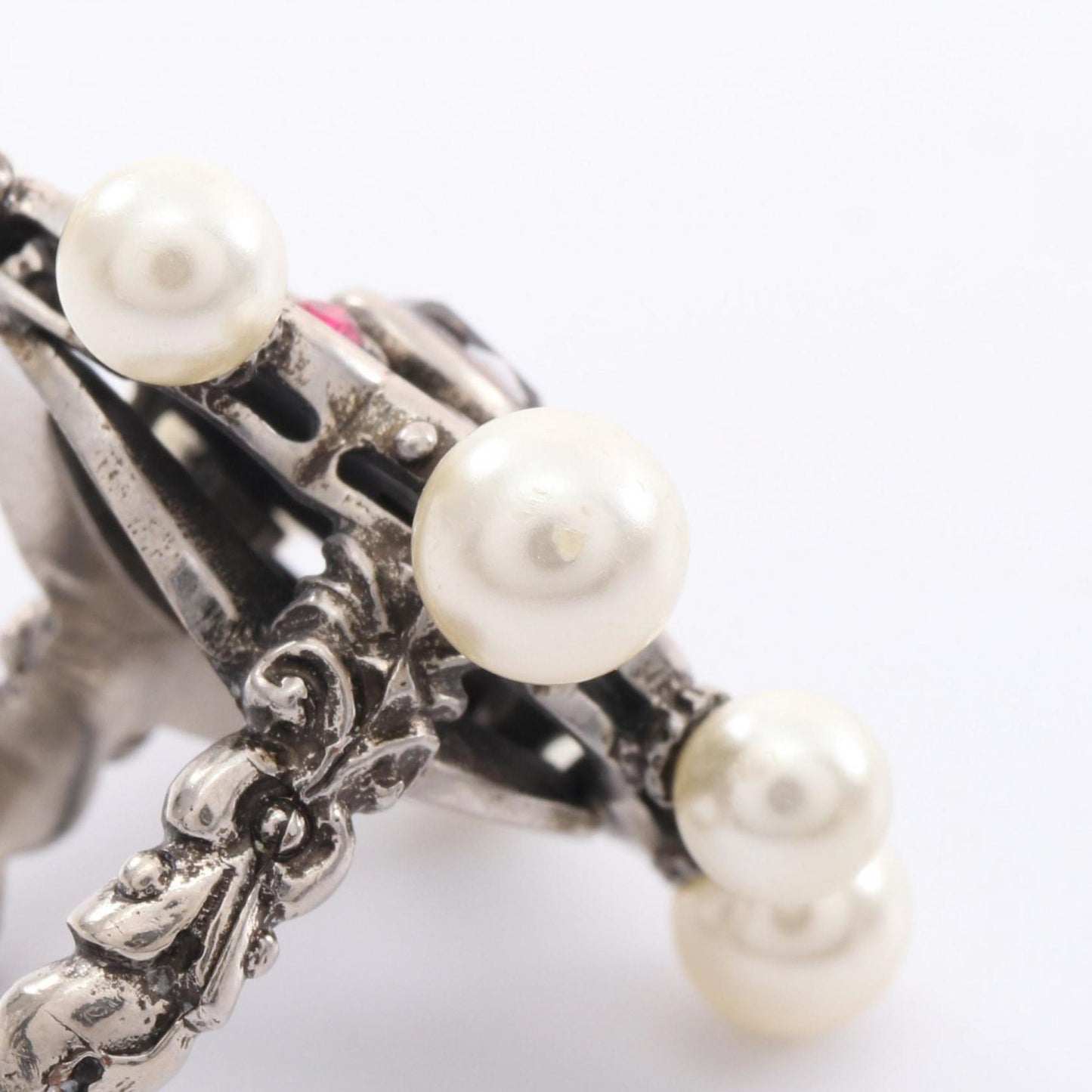 Gucci Silver Pink White Artificial Pearl Rhinestone Stainless Steel Band Ring