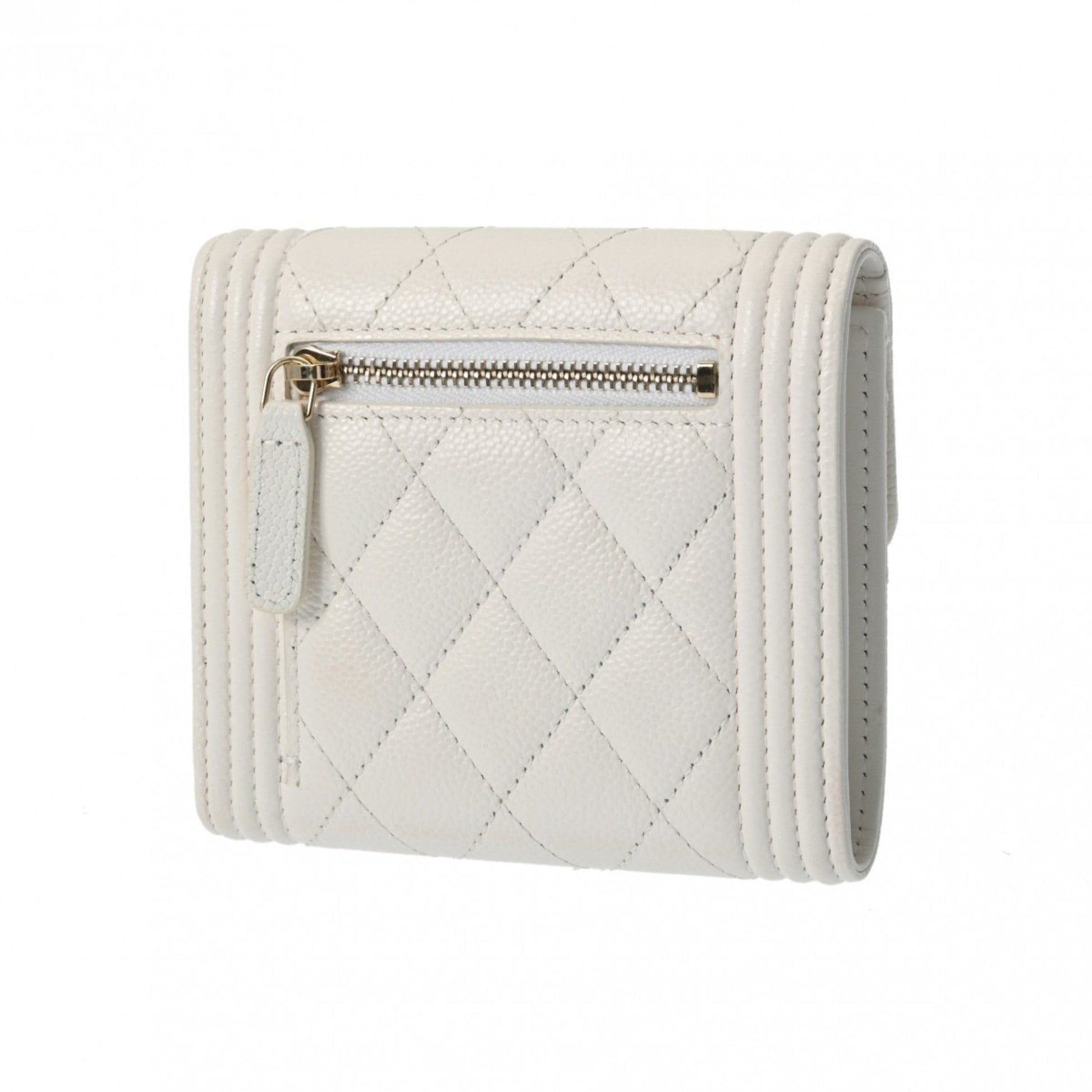 CHANEL Boy Chanel Compact Wallet White Women's Caviar Skin Tri-fold