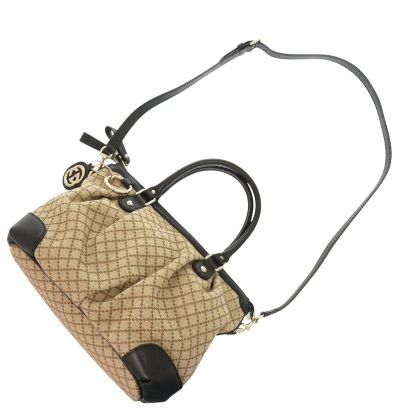 Gucci Beige Black Gg Canvas Leather Handbag