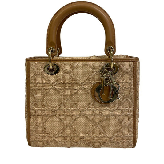 Dior Handbag Christian Shoulder Bag Leather Raffia Beige