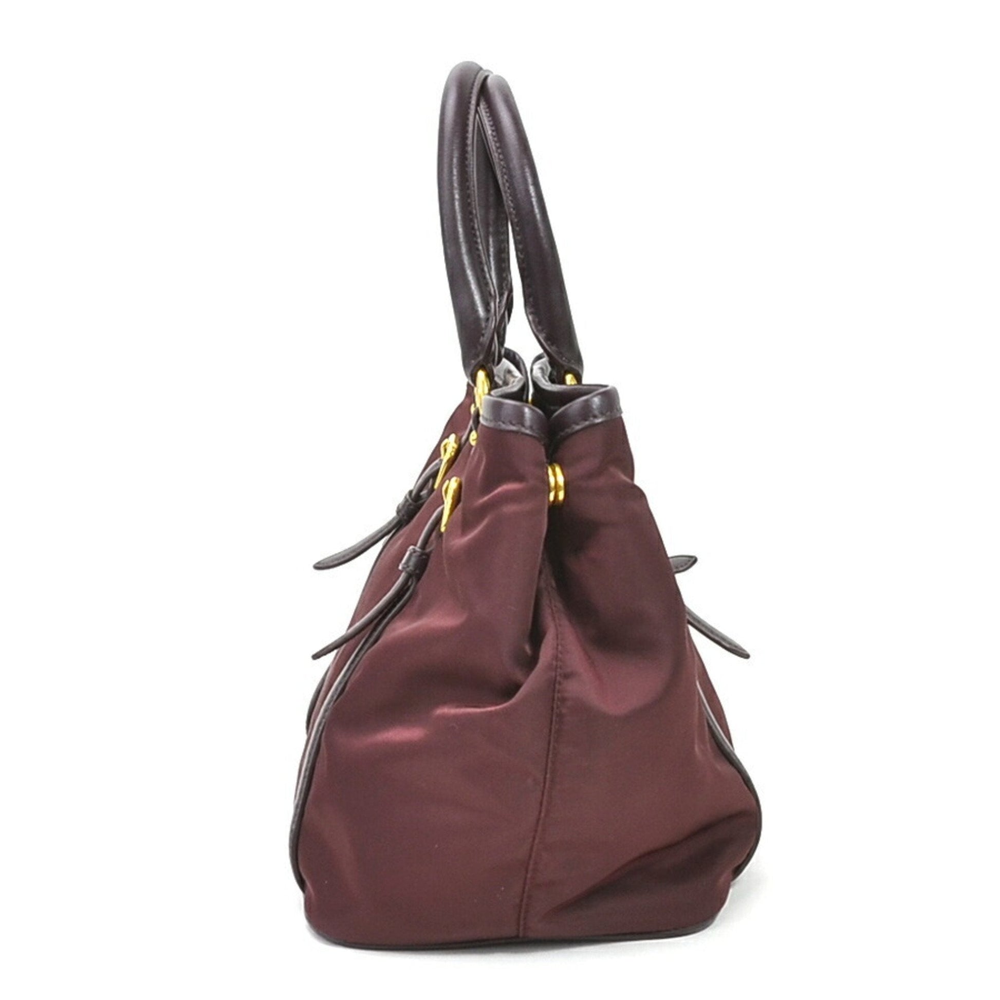 Prada Handbag Burgundy Ladies Leather Nylon Gold Travel Bag