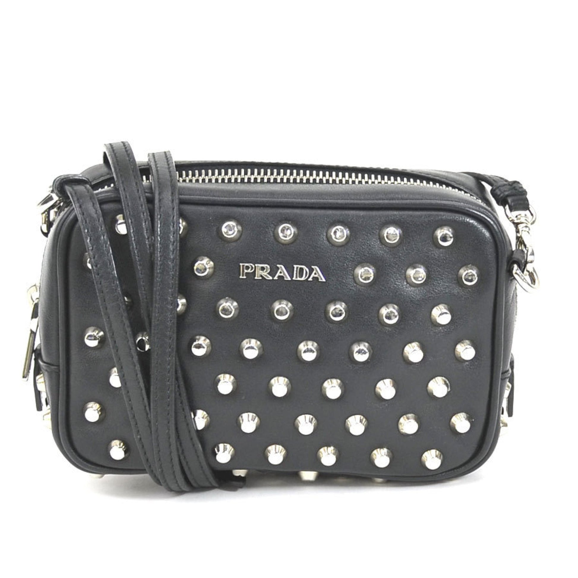 Prada Crossbody Shoulder Bag Studded Unisex Leather Metal Black