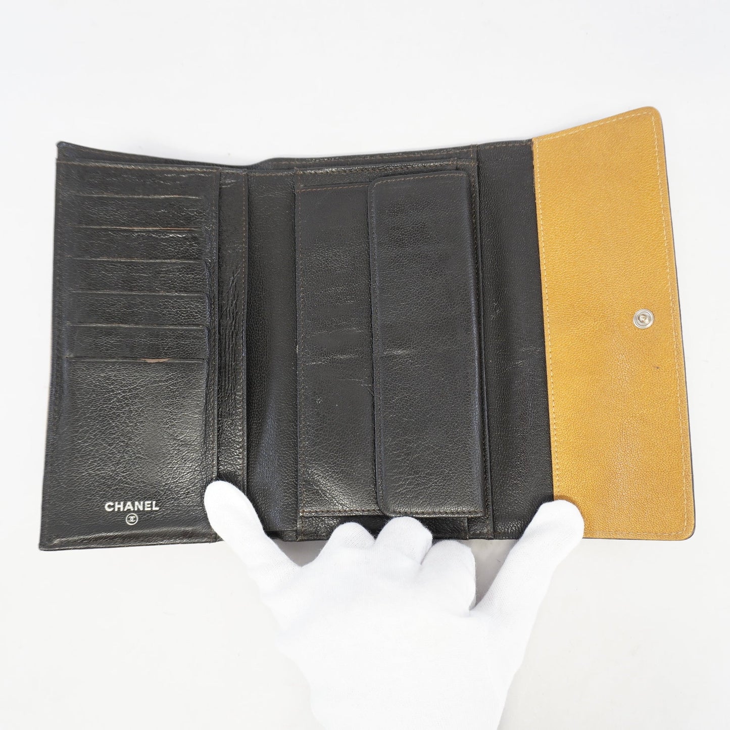 Chanel tri-fold long wallet bicolore leather black/gold silver Metal