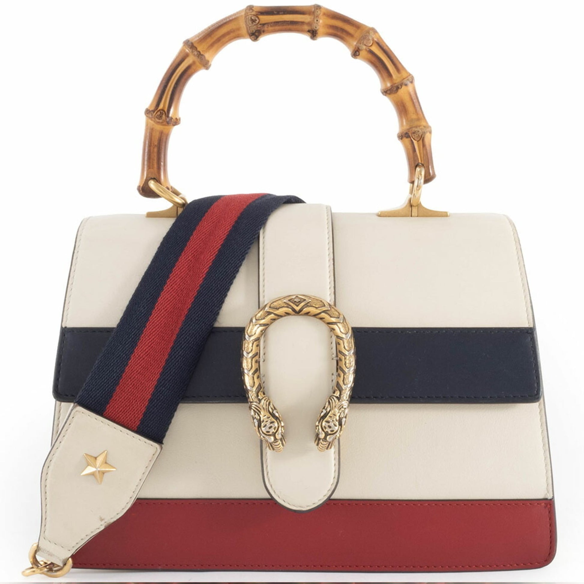 Gucci Ivory Navy Red Color Bamboo Leather Shoulder Bag