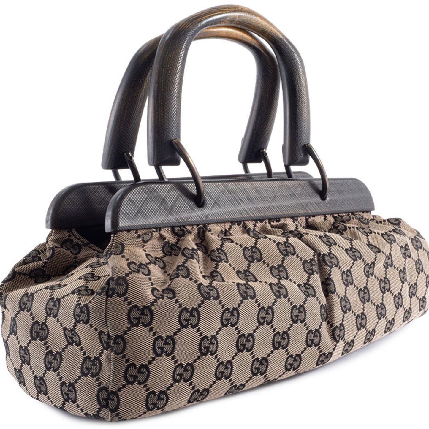 Gucci Gg Canvas Beige Black Gg Canvas Leather Handbag