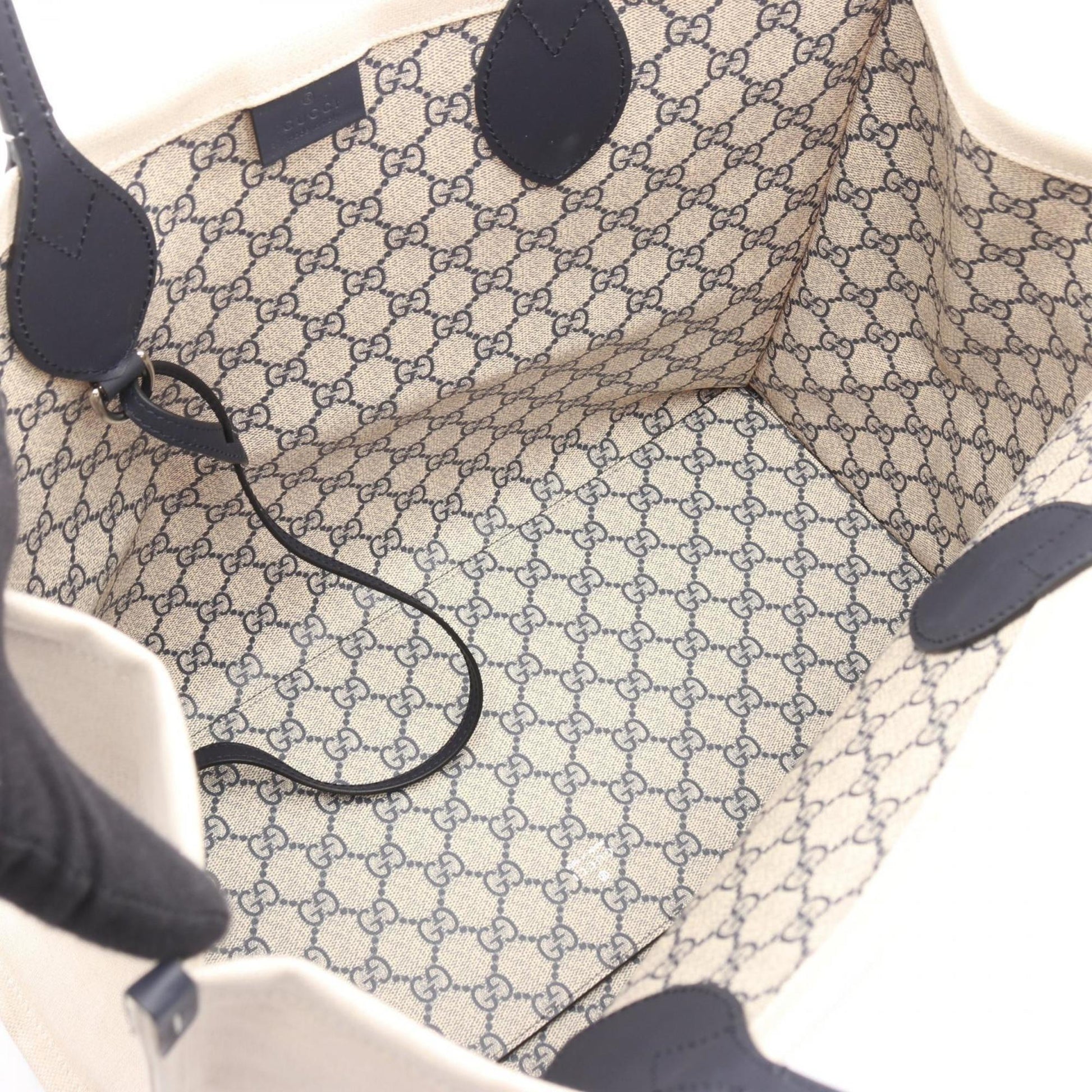 Gucci Ivory Navy Canvas Leather Tote Bag