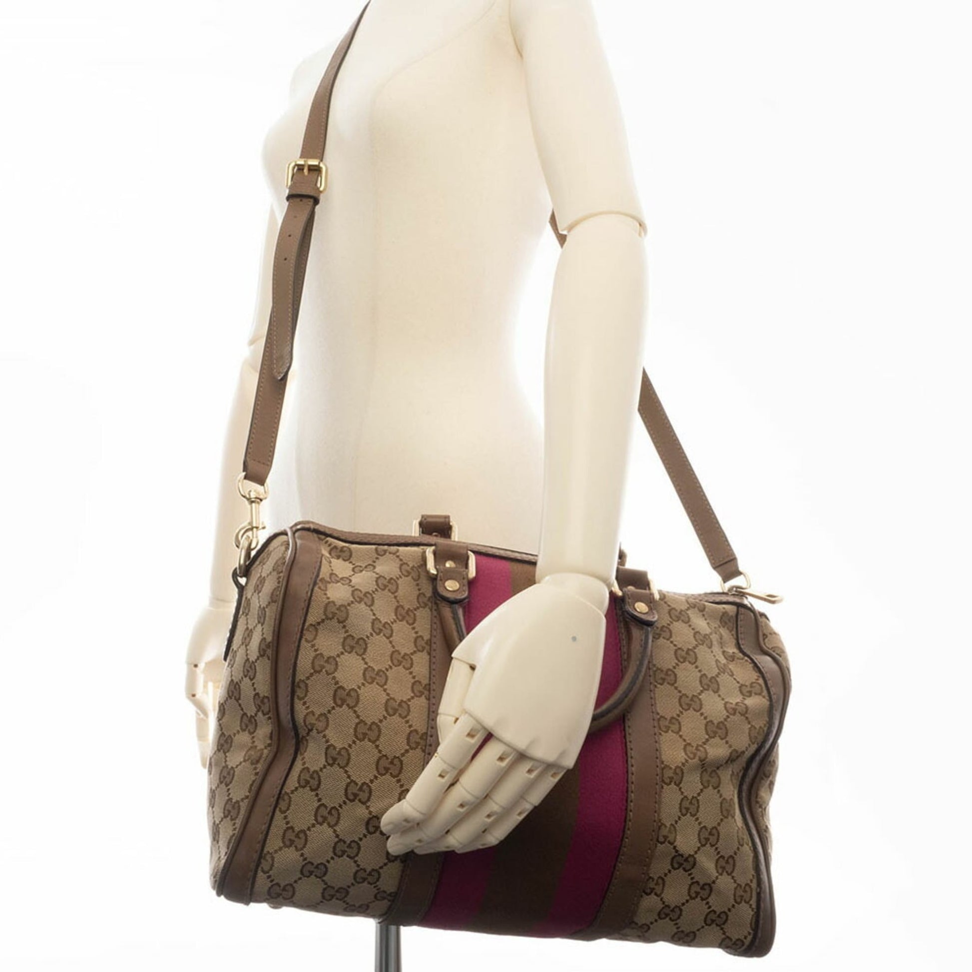 Gucci Brown Pink Gg Canvas Leather Boston Bag Shoulder Bag