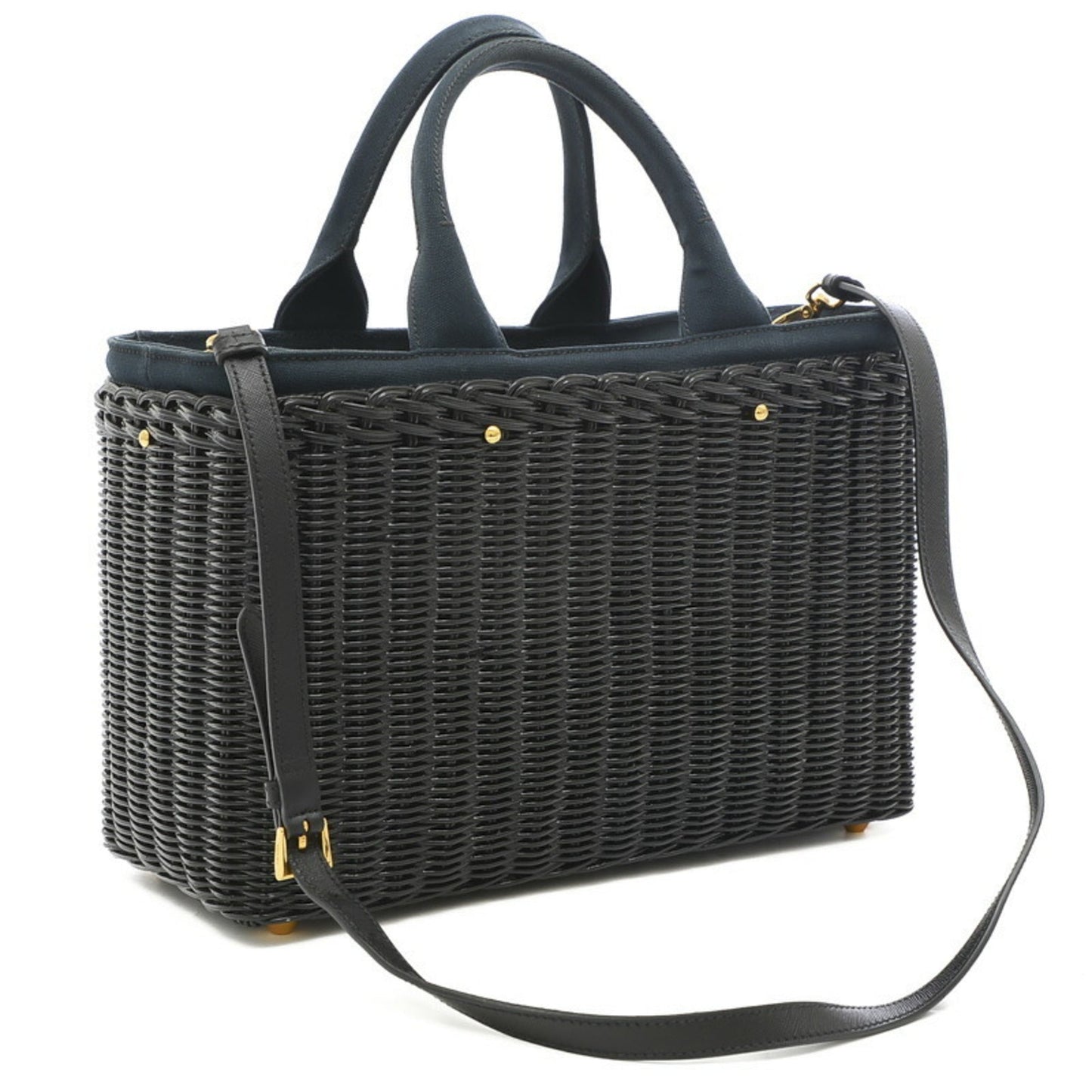 Prada Bag 2Way Rattan Canvas Black Navy Travel Bag