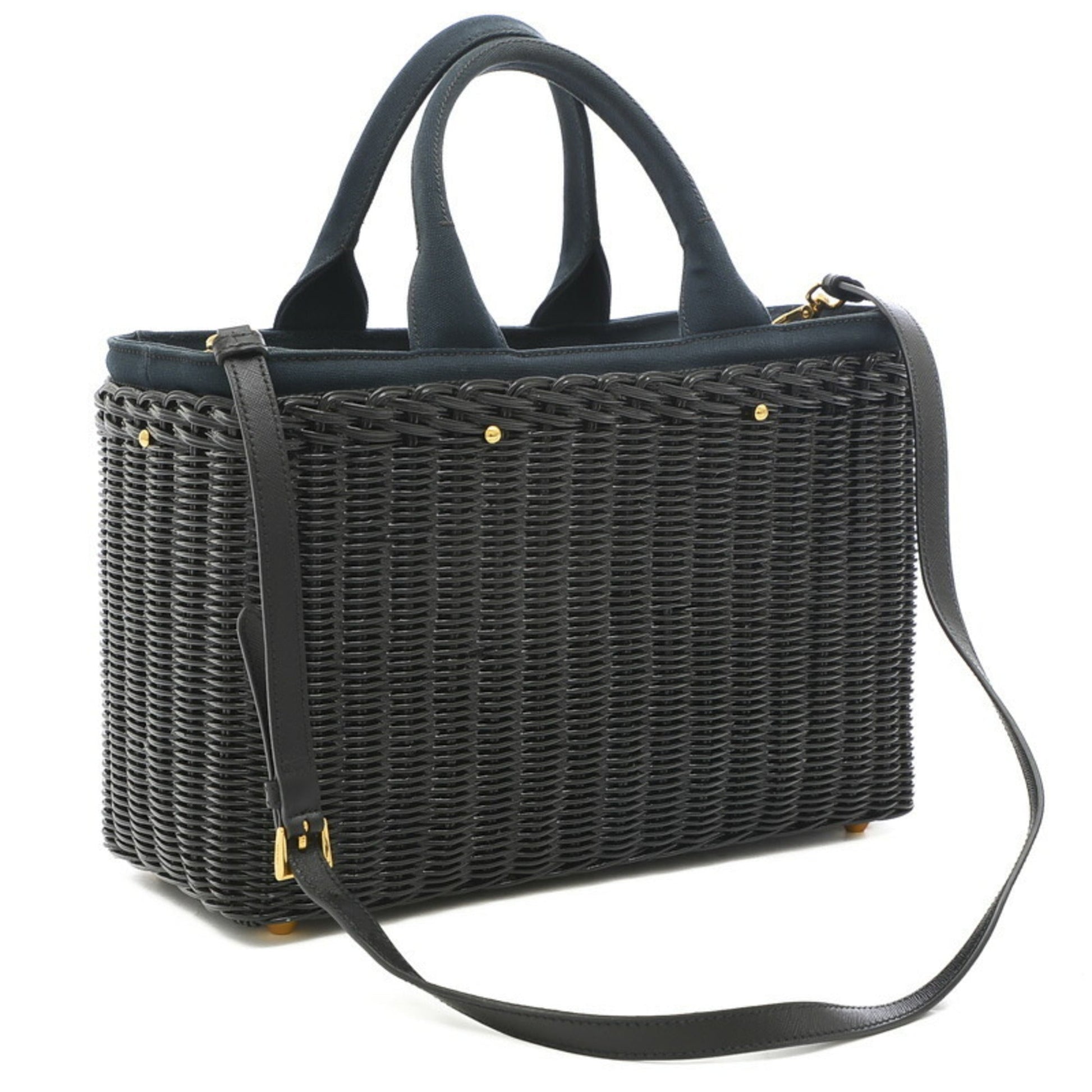 Prada Bag 2Way Rattan Canvas Black Navy Travel Bag