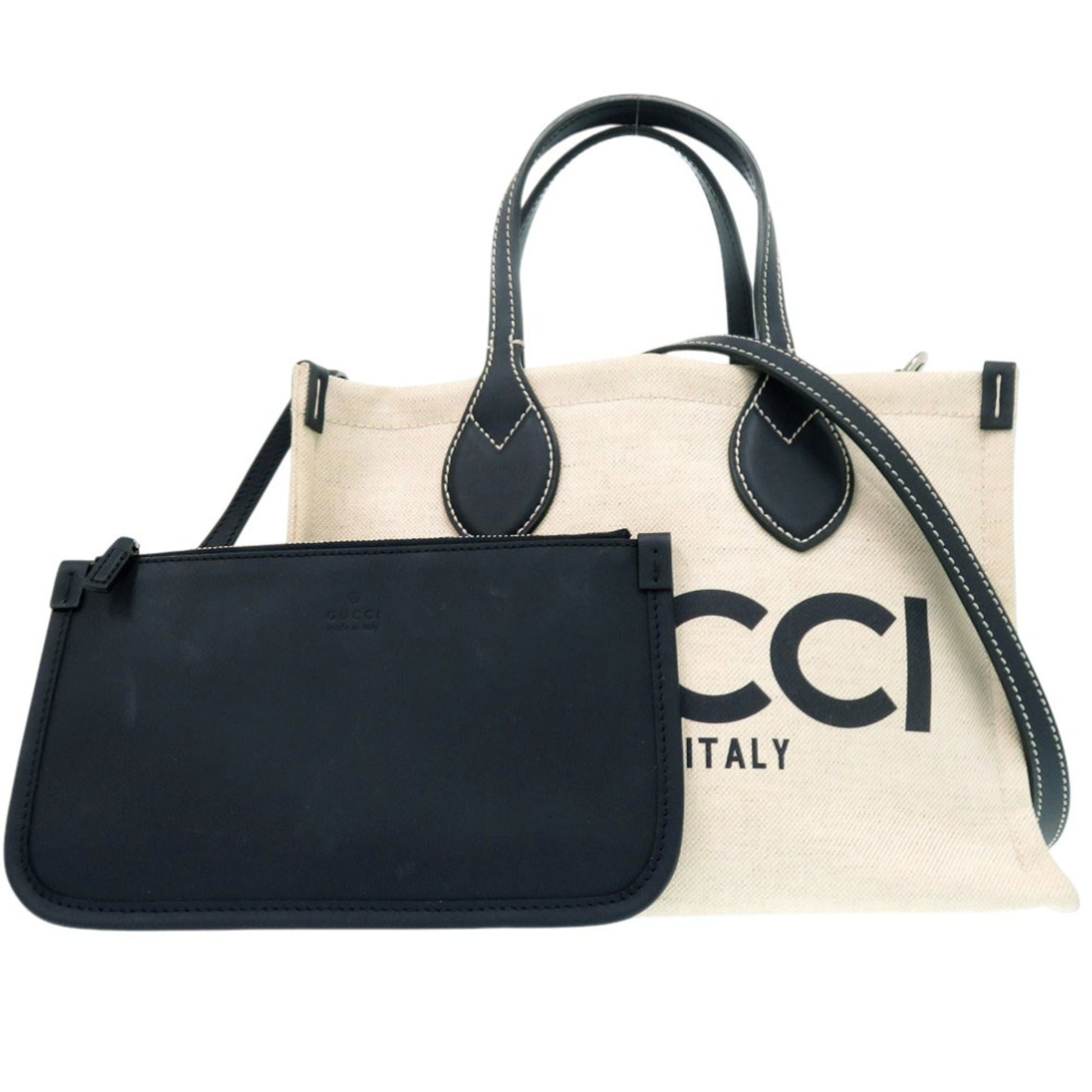 Gucci Navy Canvas Leather Tote Bag