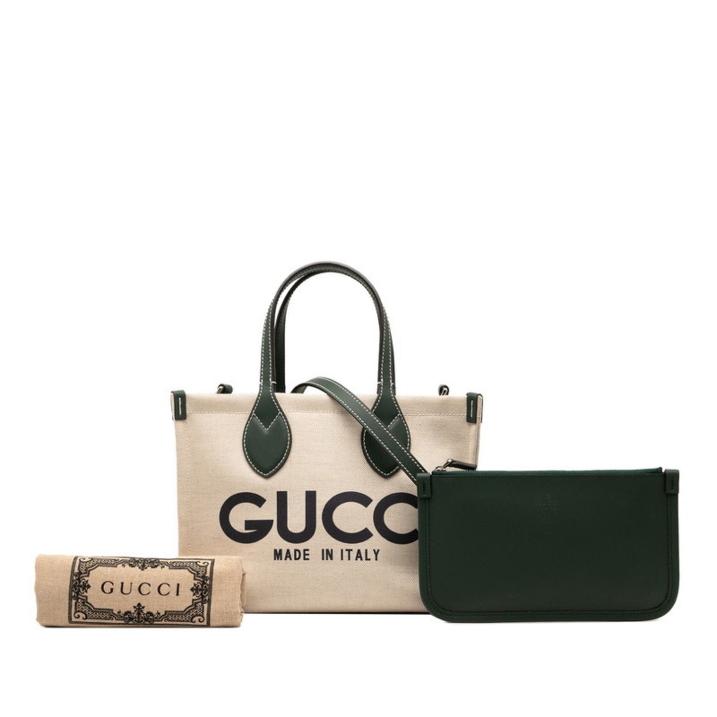 Gucci Beige Green Canvas Leather Shoulder Bag