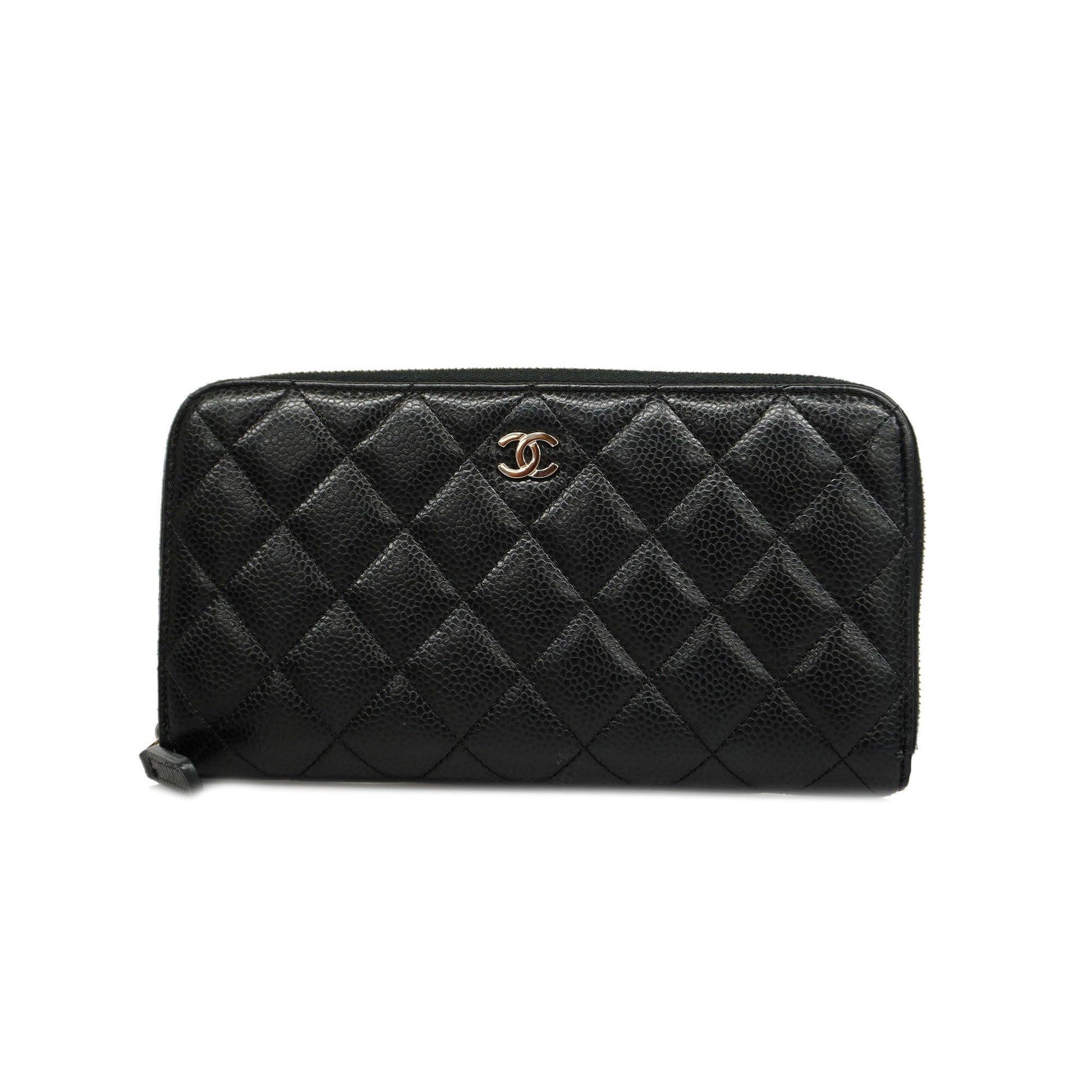 ChanelAuth  Matelasse Silver Metal Fittings Women's Caviar Leather Long Wallet