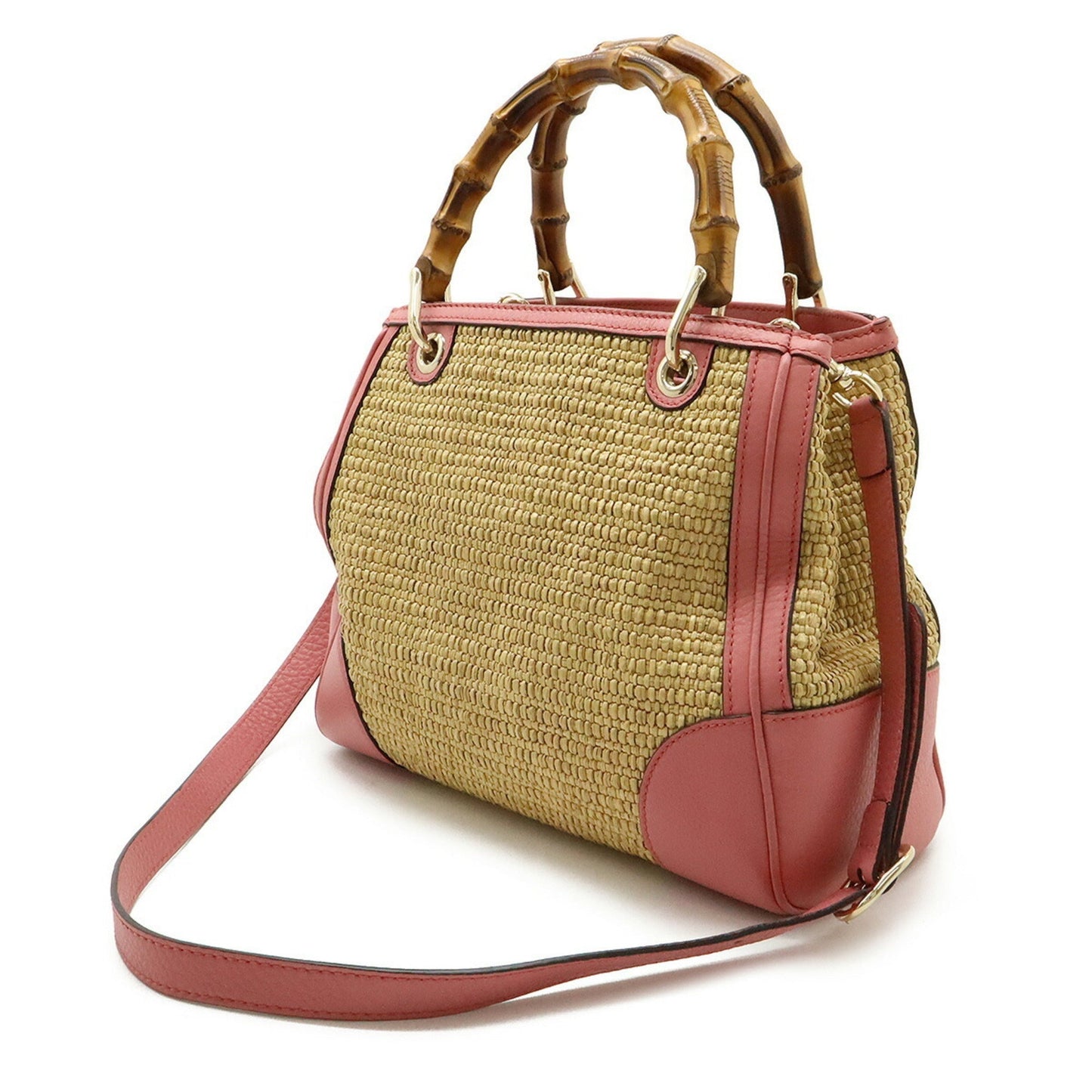 Gucci Pink Straw Leather Bamboo Handbag Shoulder Bag